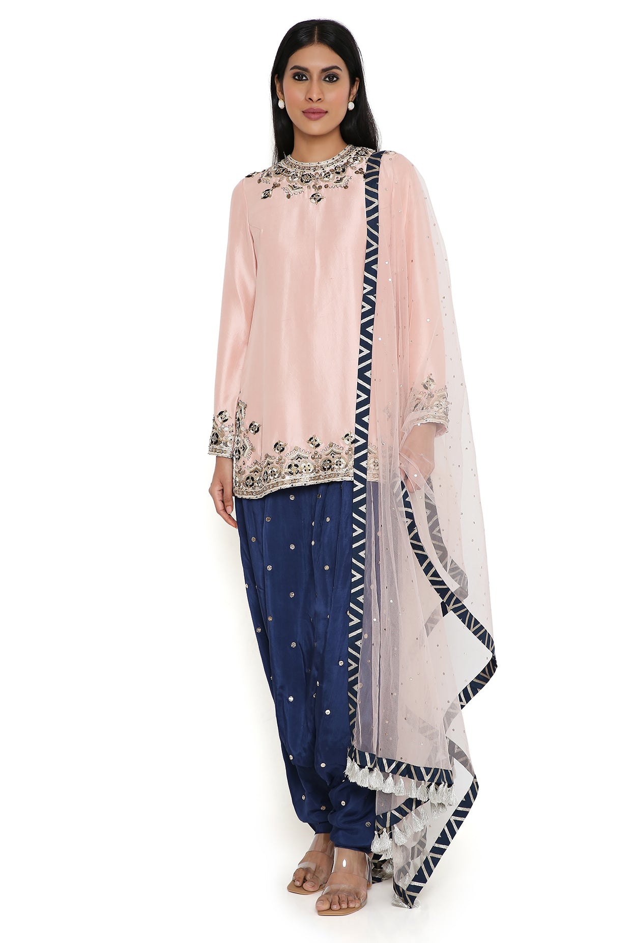 Rose Pink Silk Embroidered Kurta And Navy Abutai Silk Mukaish Salwaar With Rose Pink Net Mukaish Dupatta & Belt
