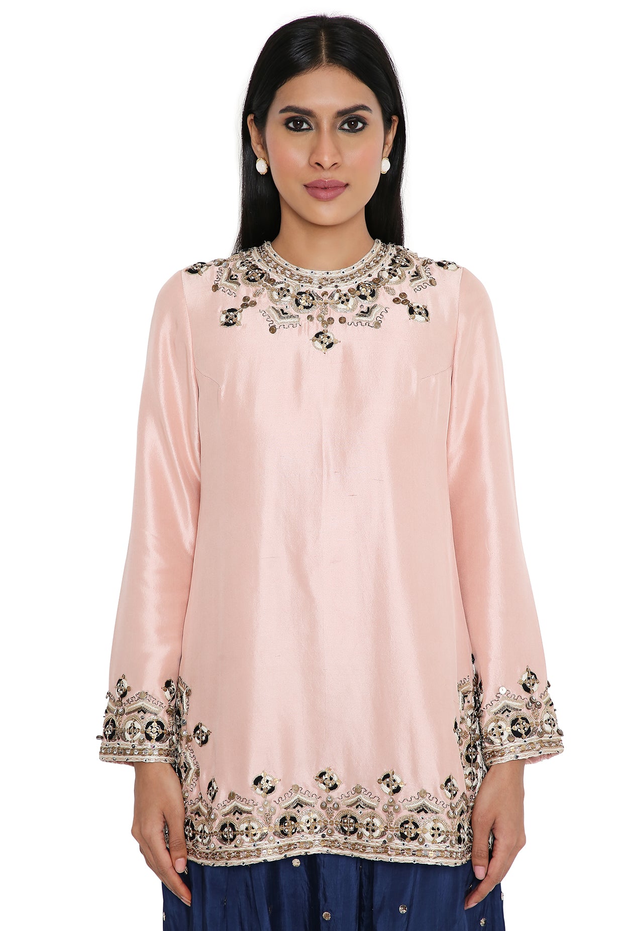 Rose Pink Silk Embroidered Kurta And Navy Abutai Silk Mukaish Salwaar With Rose Pink Net Mukaish Dupatta & Belt