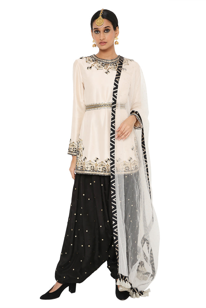 Sofi Stone Colour Embroidered Kurta With Black Colour Salwar And Stone Colour Dupatta With Belt