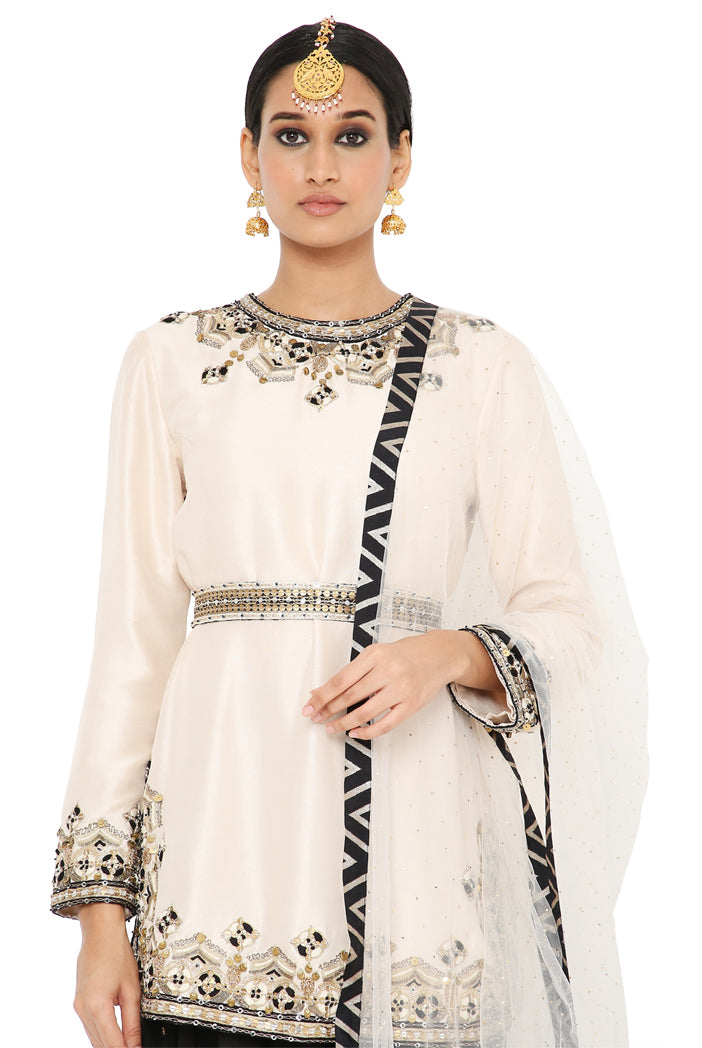Sofi Stone Colour Embroidered Kurta With Black Colour Salwar And Stone Colour Dupatta With Belt
