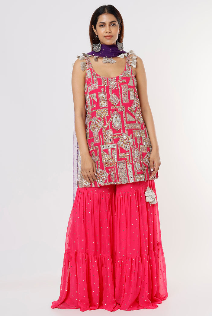 Hot Pink Georgette Embroidered Kurta With Mukaish Georgette Sharara And Purple Net Mukaish Dupatta