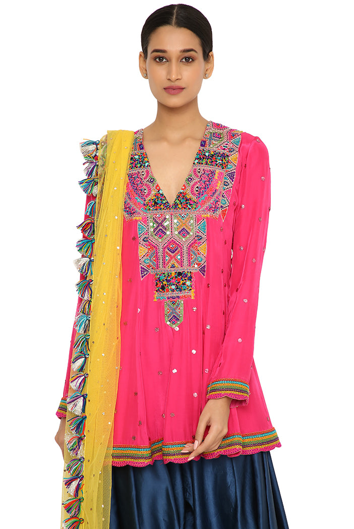 Medinna Hot Pink Colour Embroidered Kurta With Midnight Blue Colour Salwar And Yellow Net Dupatta