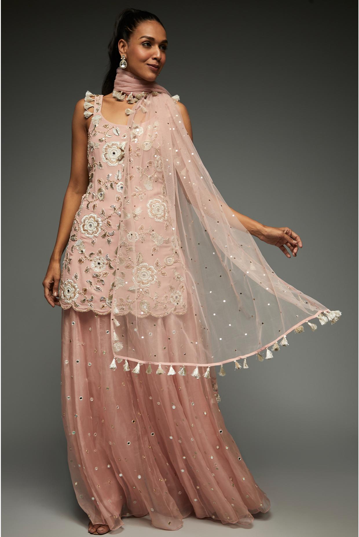Rose Pink Embroidered Kurta With Sharara & Dupatta