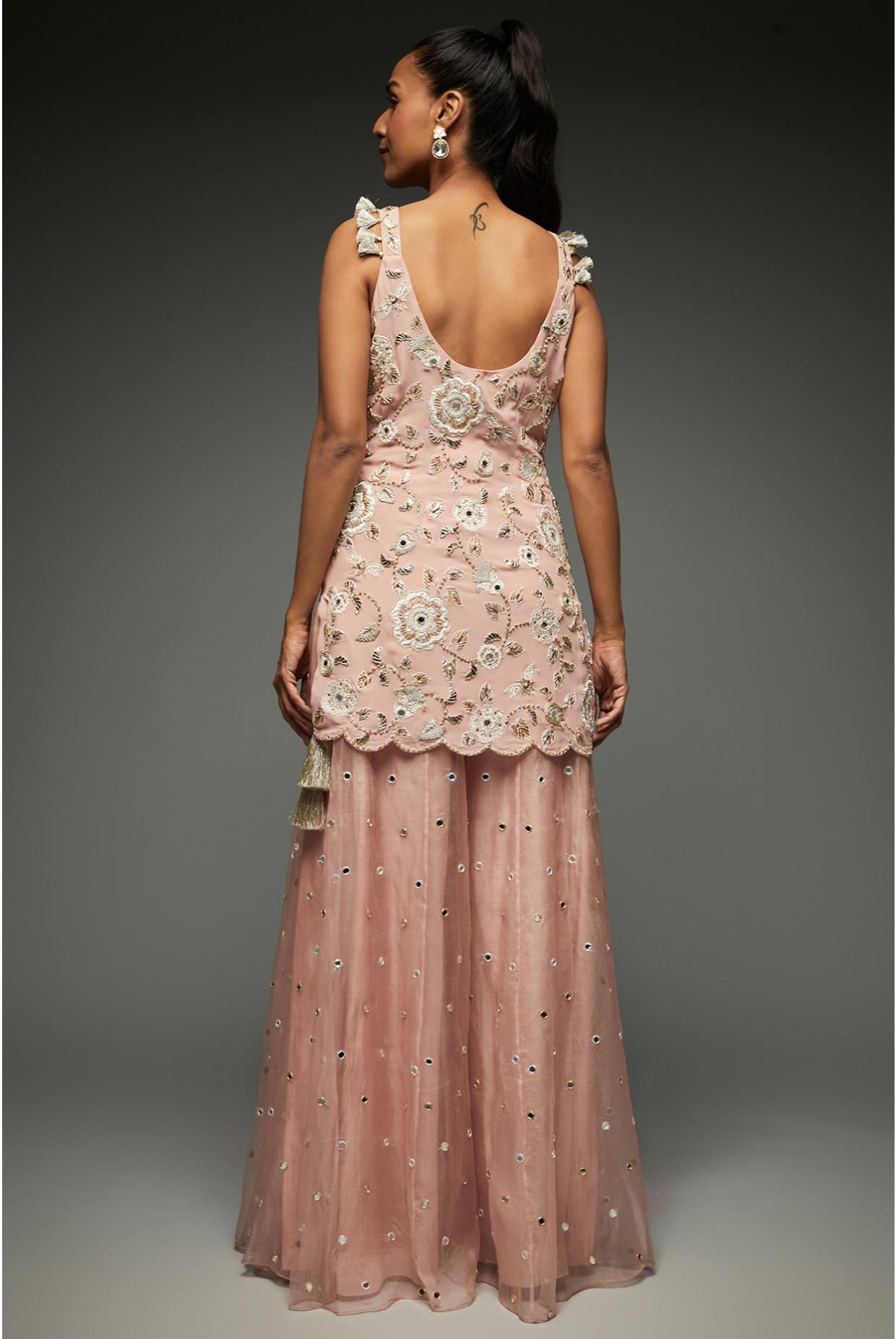 Rose Pink Embroidered Kurta With Sharara & Dupatta