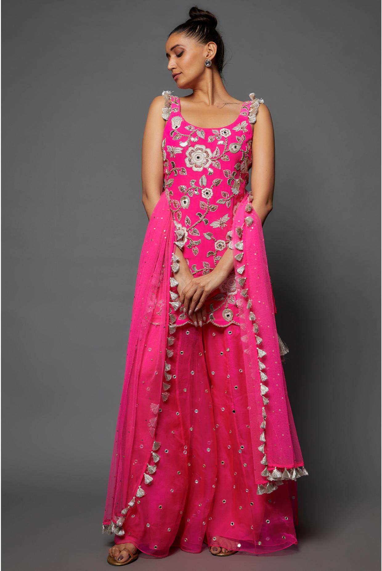 Hot Pink Embroidered Kurta & Sharara With Dupatta