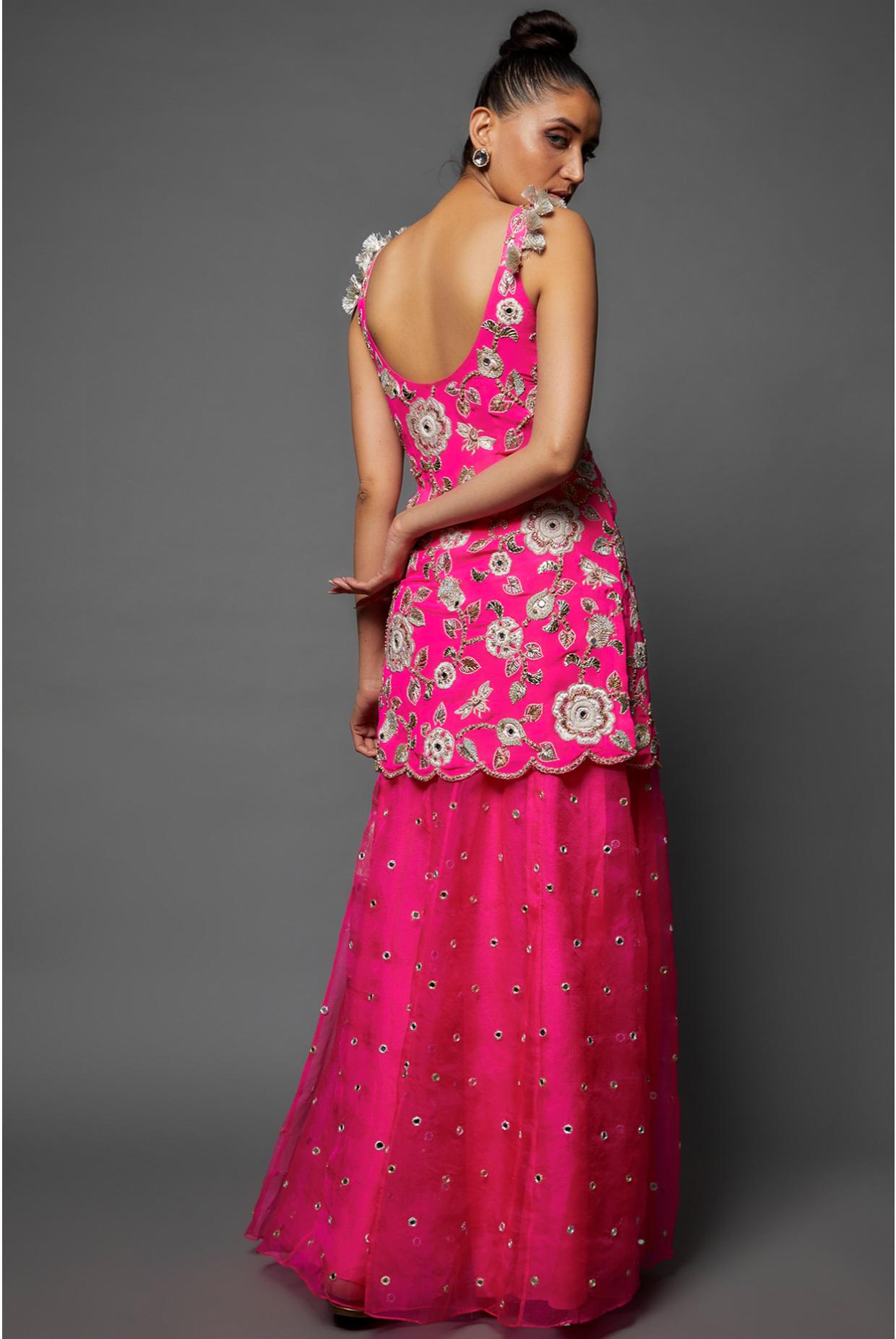 Hot Pink Embroidered Kurta & Sharara With Dupatta