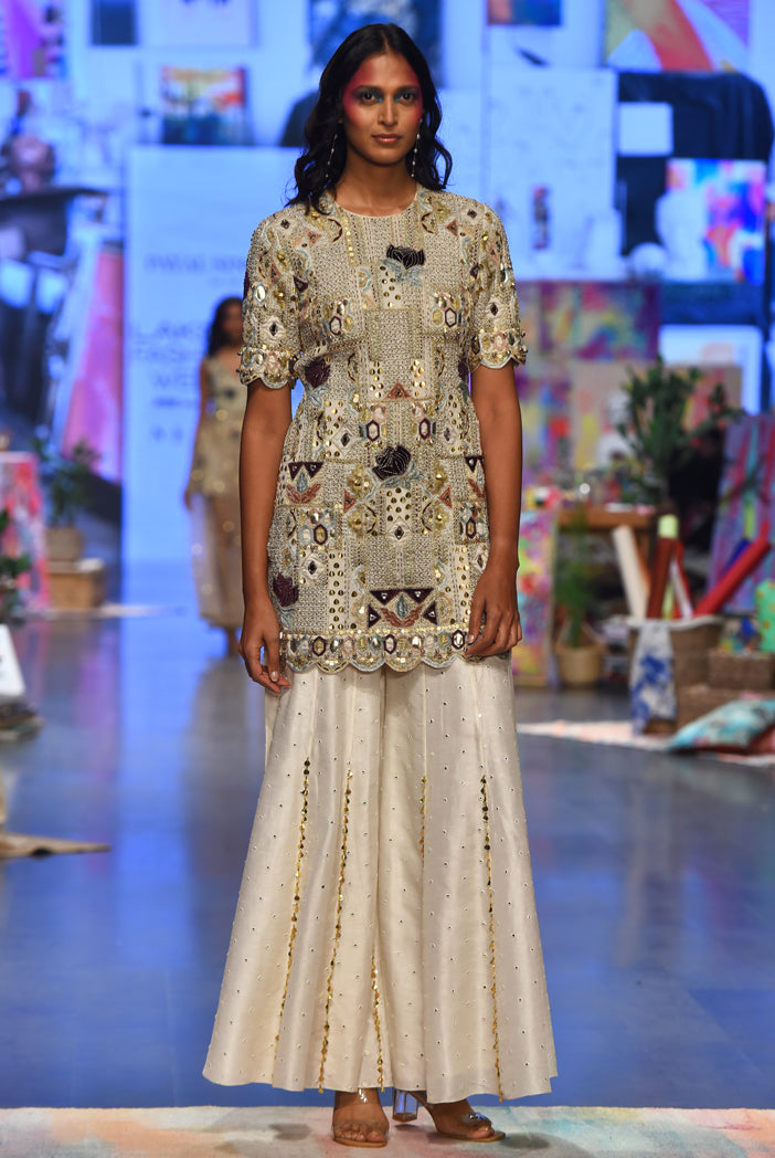 Navya Off White Georgette Embroidered Back Cut Out Kurta With Abla Silk Sharara And Mukaish Net Dupatta