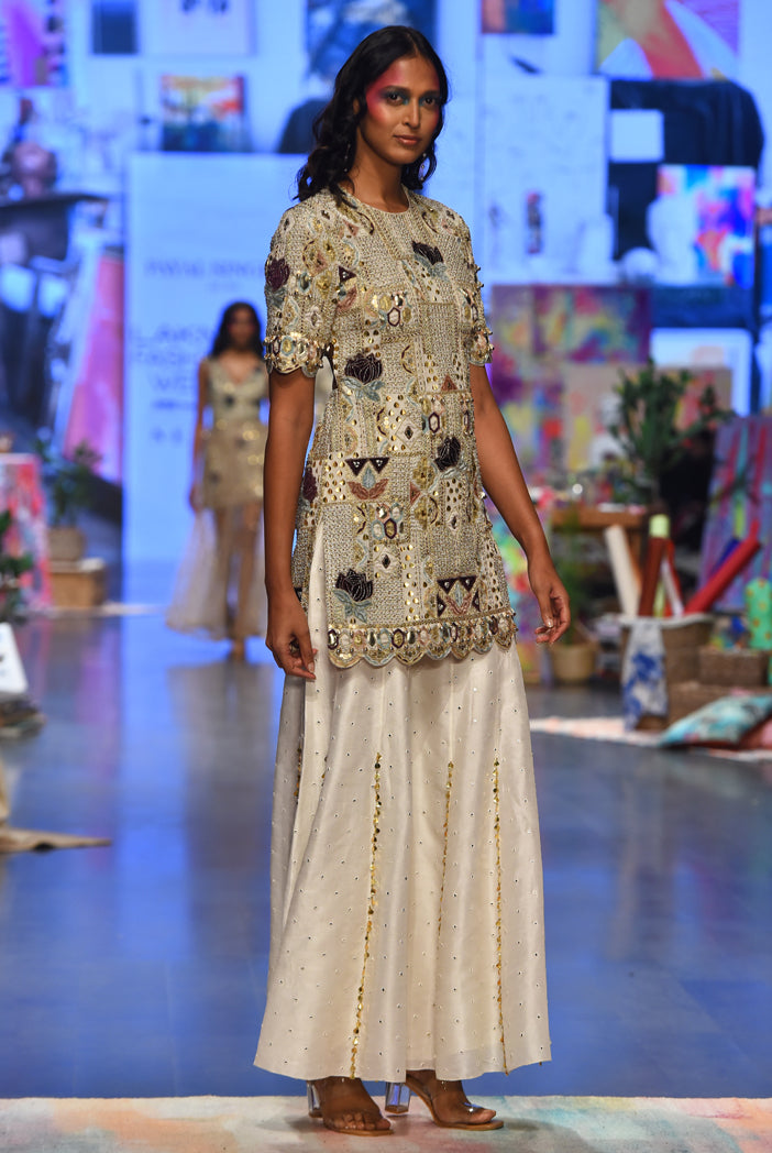 Navya Off White Georgette Embroidered Back Cut Out Kurta With Abla Silk Sharara And Mukaish Net Dupatta