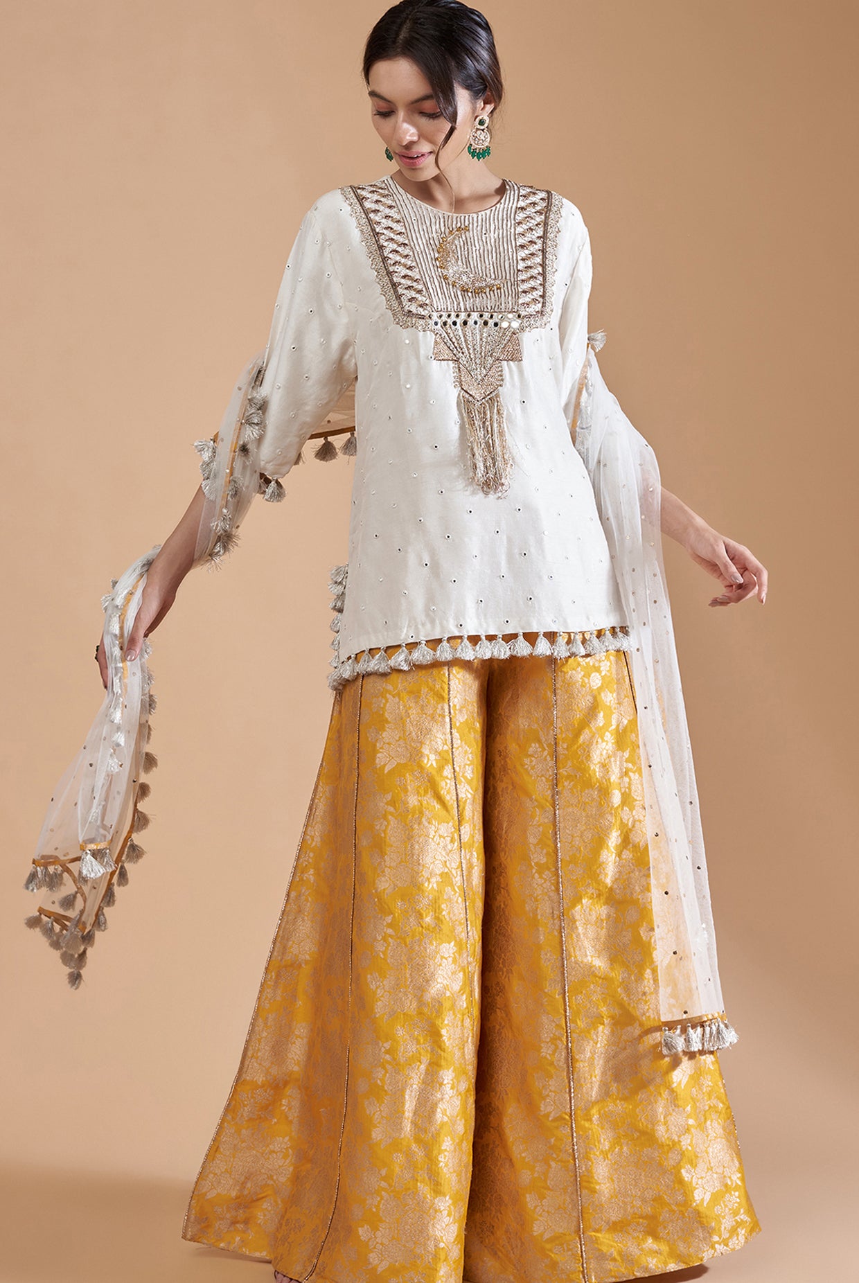 Off White Embroidered Kurta With Sharara And Dupatta