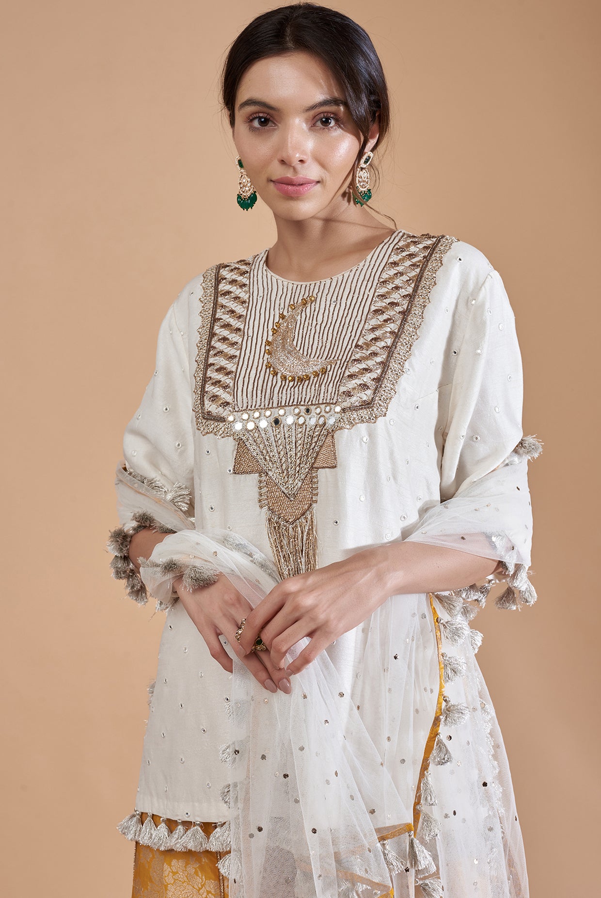 Off White Embroidered Kurta With Sharara And Dupatta