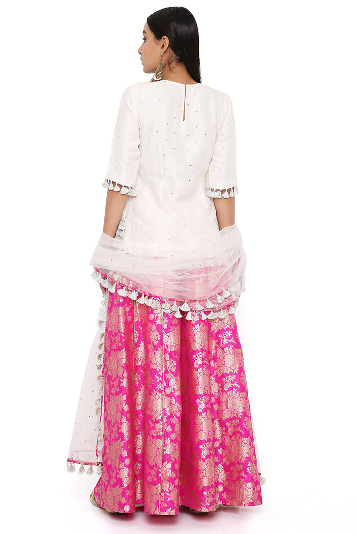 Amaya Off White Abla Silk Embroidered Yoke Kurta With Hot Pink Brocade Sharara And Off White Mukaish Net Dupatta