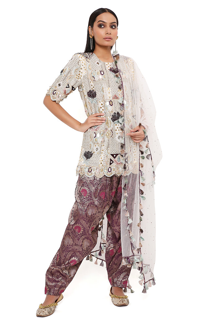 Off White Georgette Embroidered Kurta With Purple Brocade Salwar And Off White Mukaish Net Dupatta