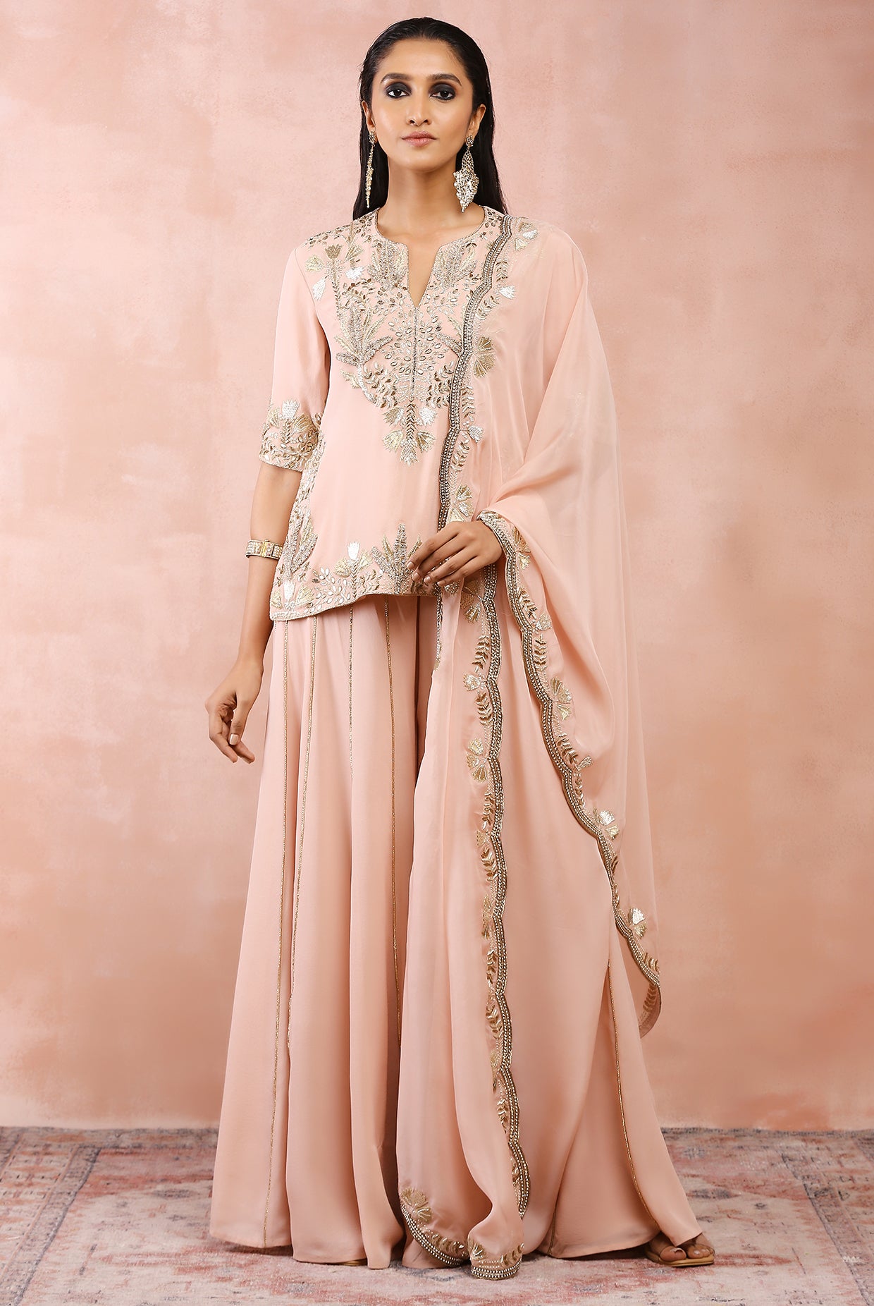 Rose Pink Bagh Embroidered Kurta With Sharara And Dupatta