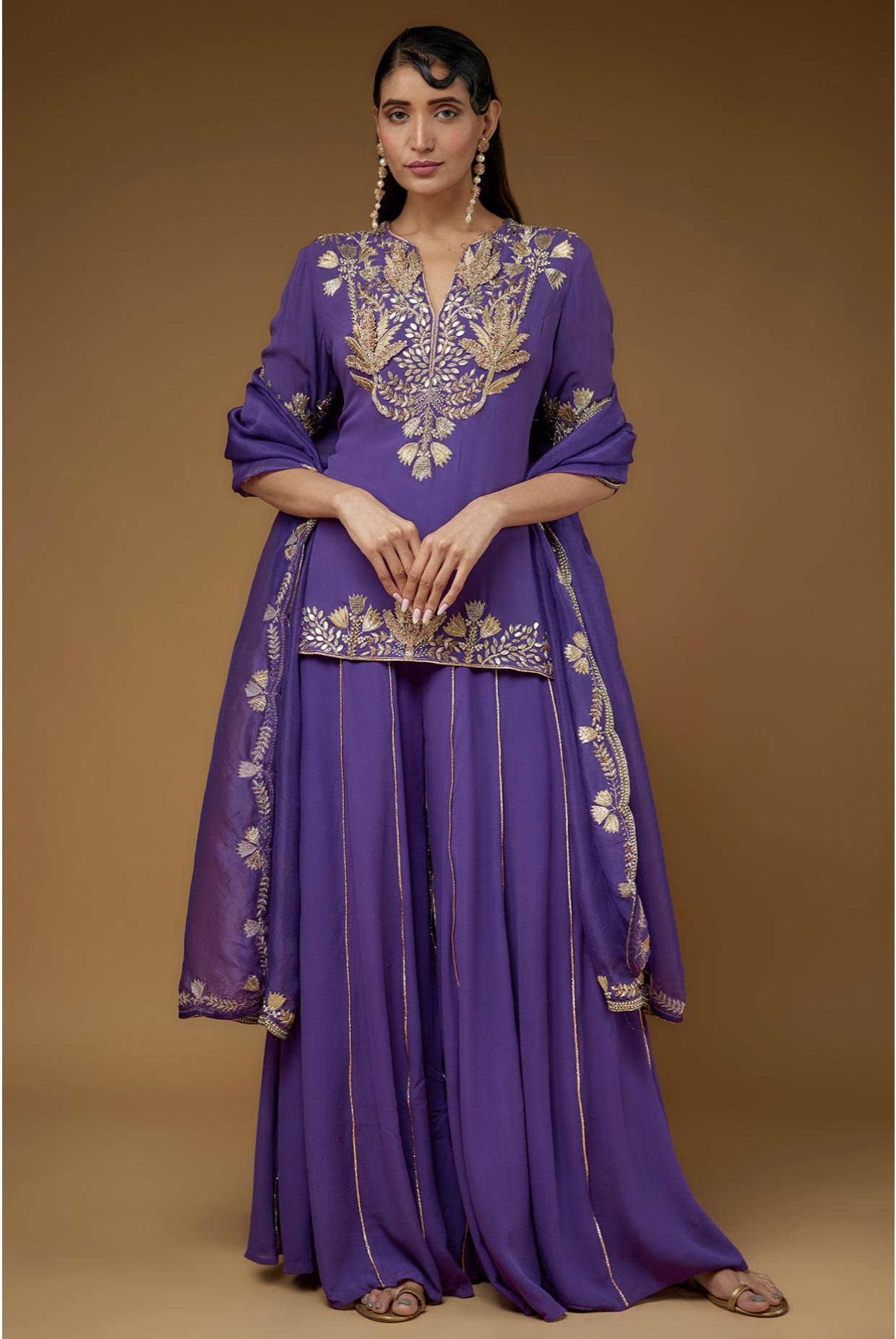 Purple Embroidered Kurta & Sharara With Dupatta