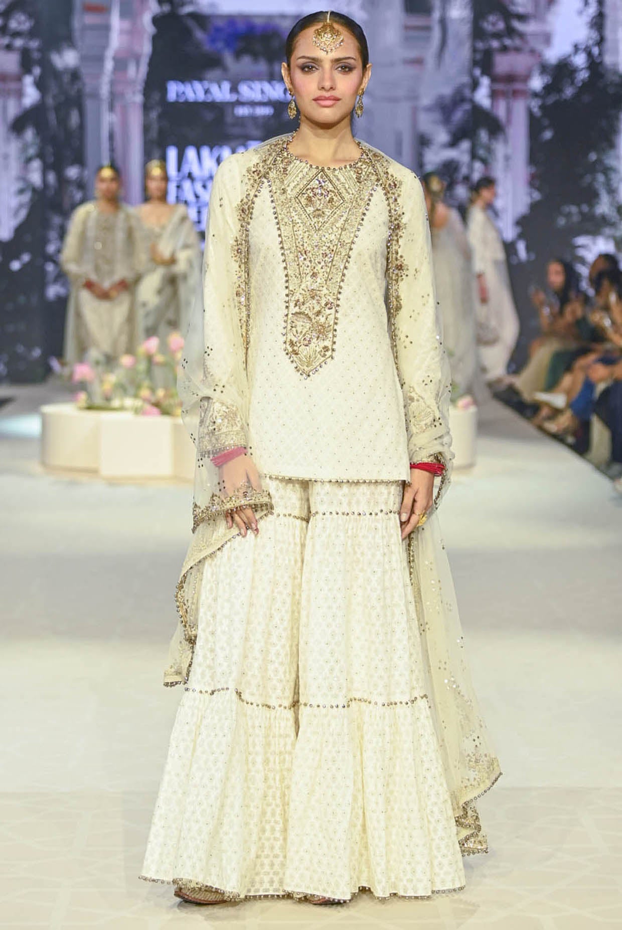 Shama Off White Embroidered Kurta With Frilled Sharara And Dupatta