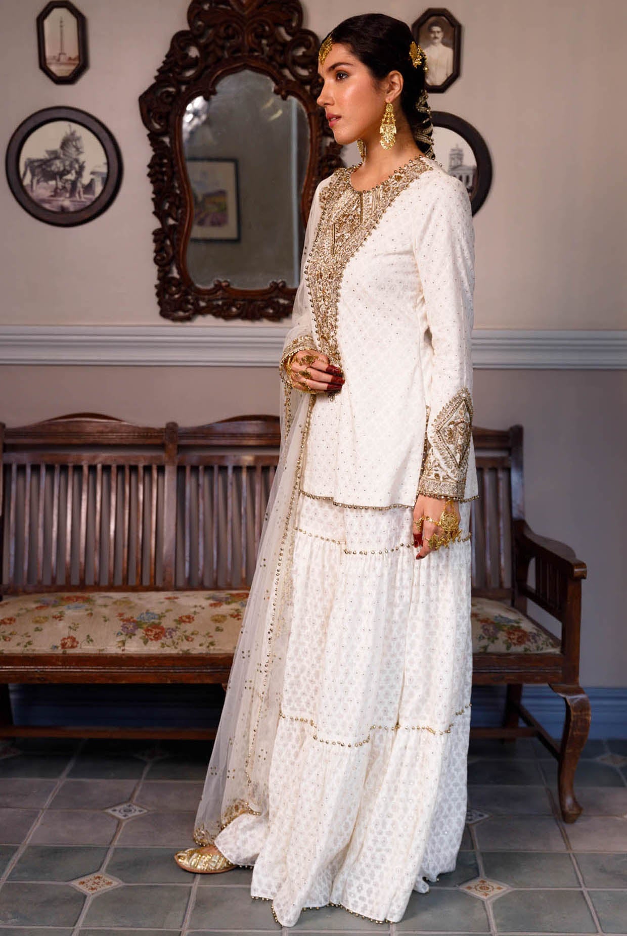 Shama Off White Embroidered Kurta With Frilled Sharara And Dupatta