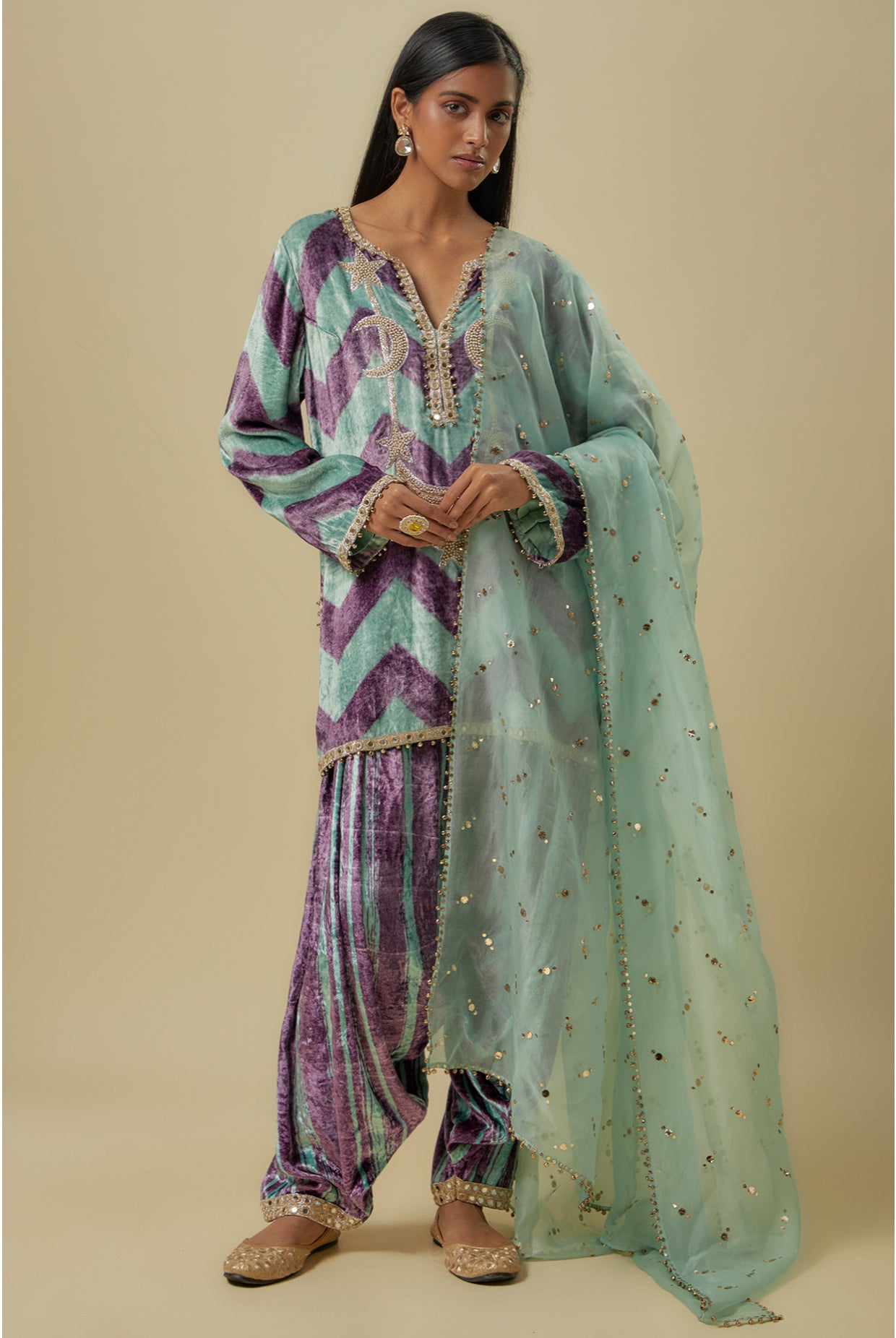 Mint Green And Purple Chevron Printed Embroidered Velvet Kurta With Embroidered Patiala Salwaar And Mukaish Organza Dupatta.