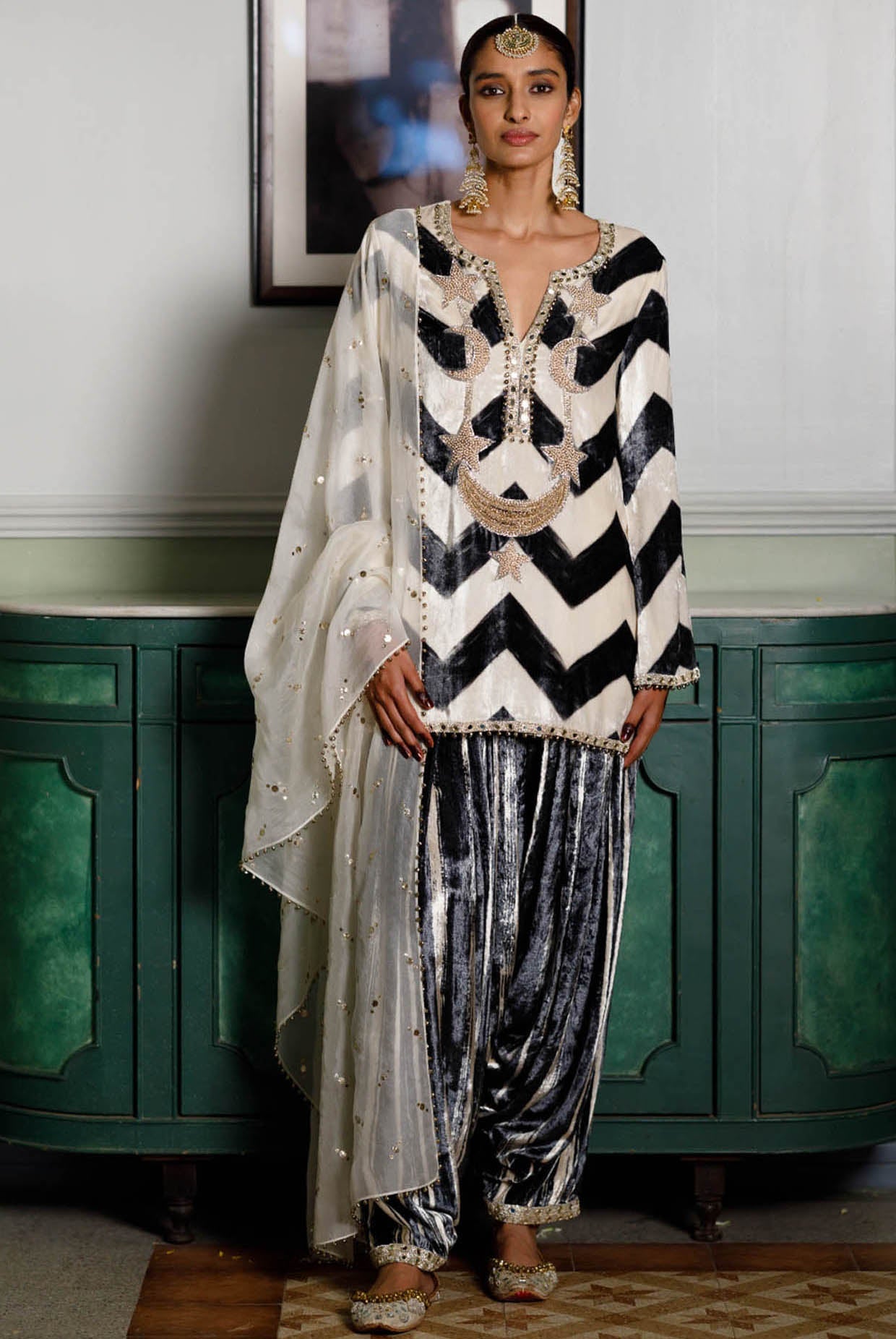Asfi Black & White Embroidered Kurta And Patiala Salwar With Dupatta