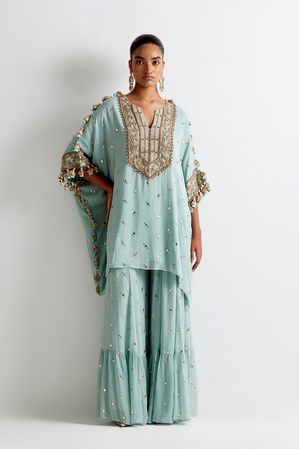 Sea Blue Mukaish Georgette Embroidred Kaftan With Frill Sharara