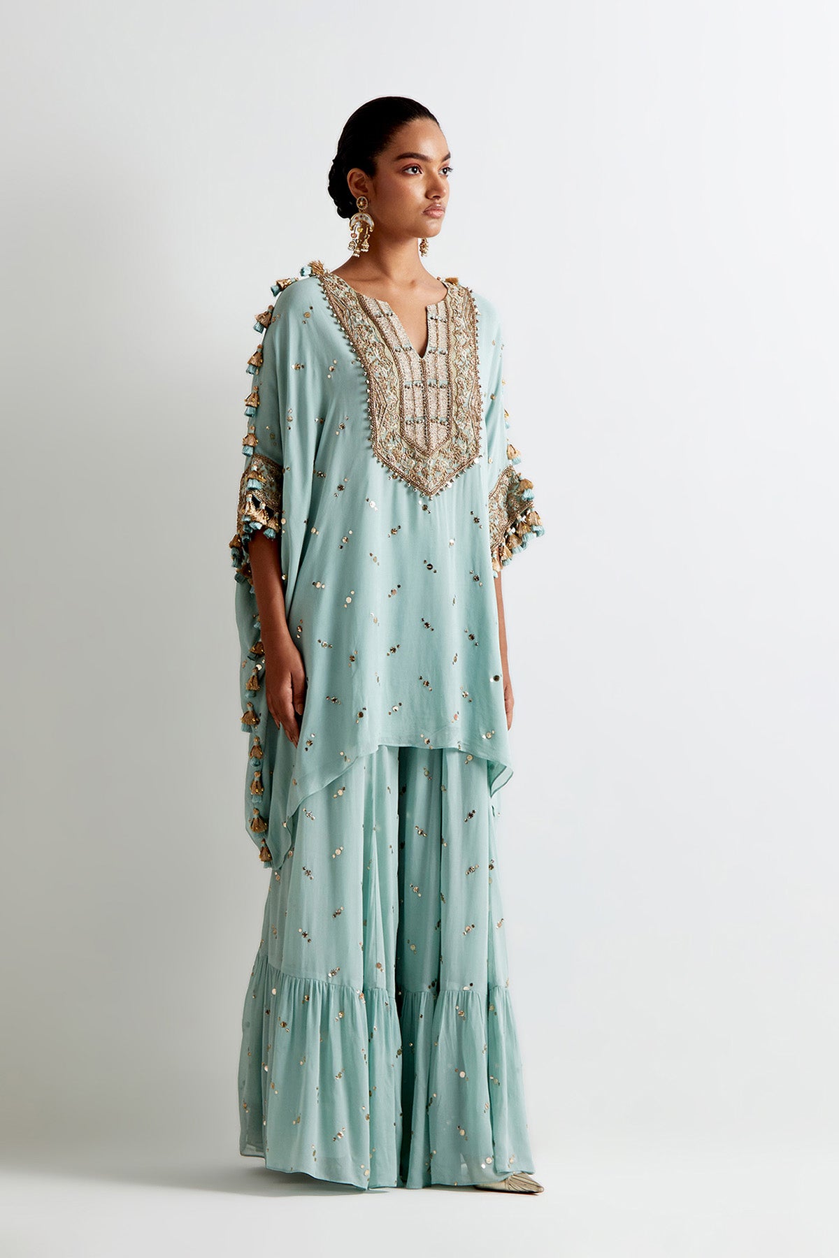 Sea Blue Mukaish Georgette Embroidred Kaftan With Frill Sharara