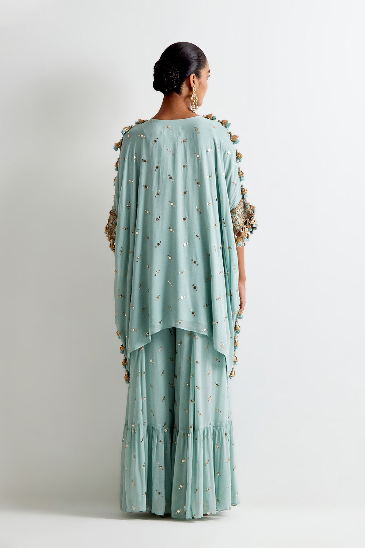 Sea Blue Mukaish Georgette Embroidred Kaftan With Frill Sharara