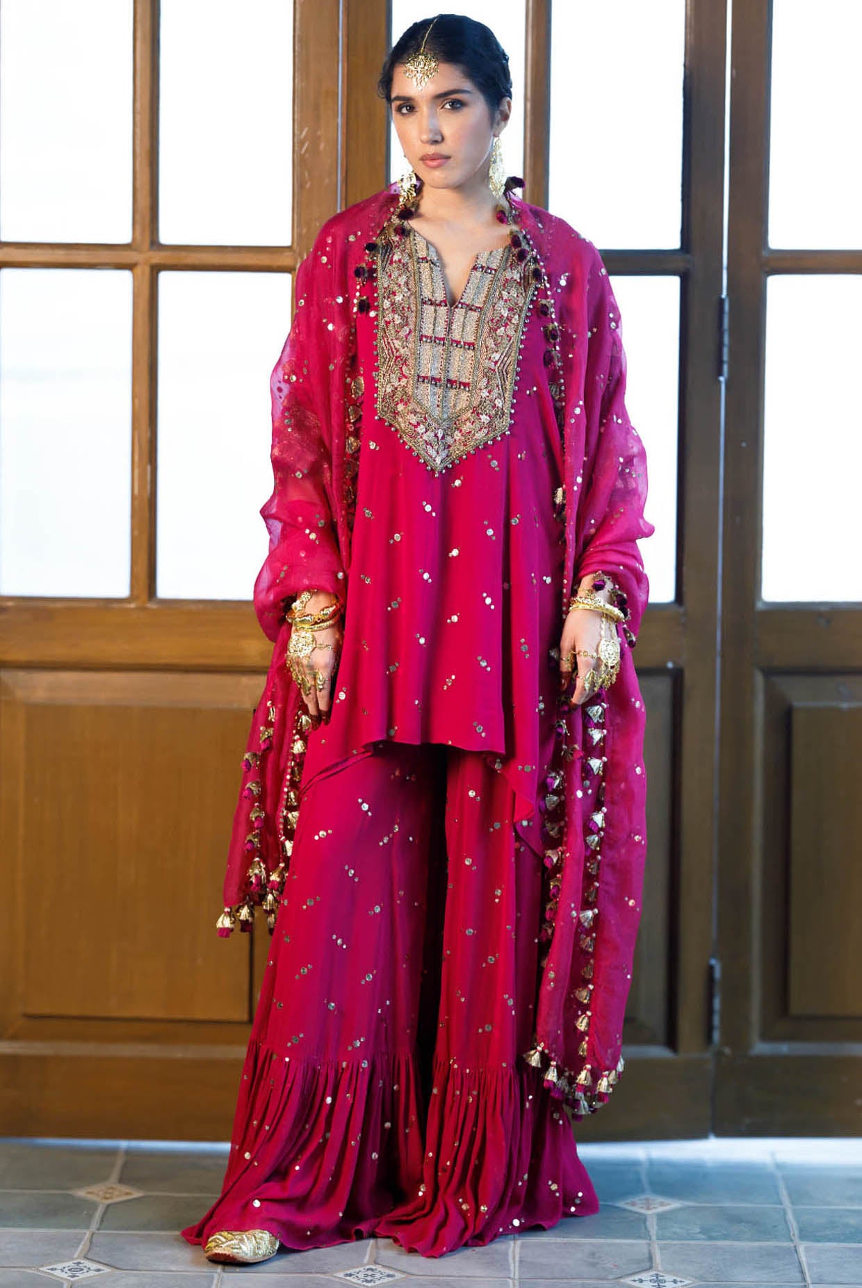 Magenta Pink Embroidered Kaftan And Frill Sharara With Dupatta