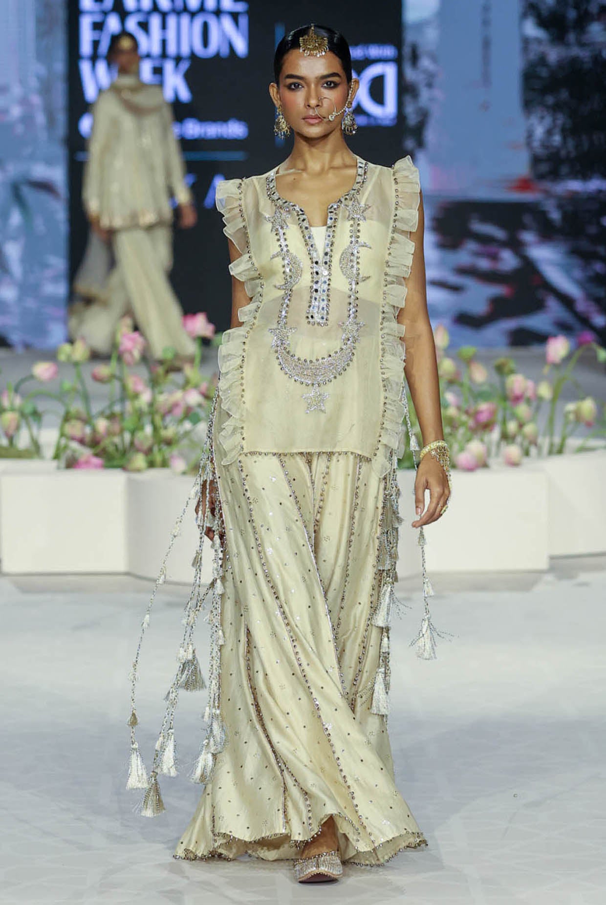 Fawzia Stone Embroidered Long Bib Yoke With Bustier And Sharara