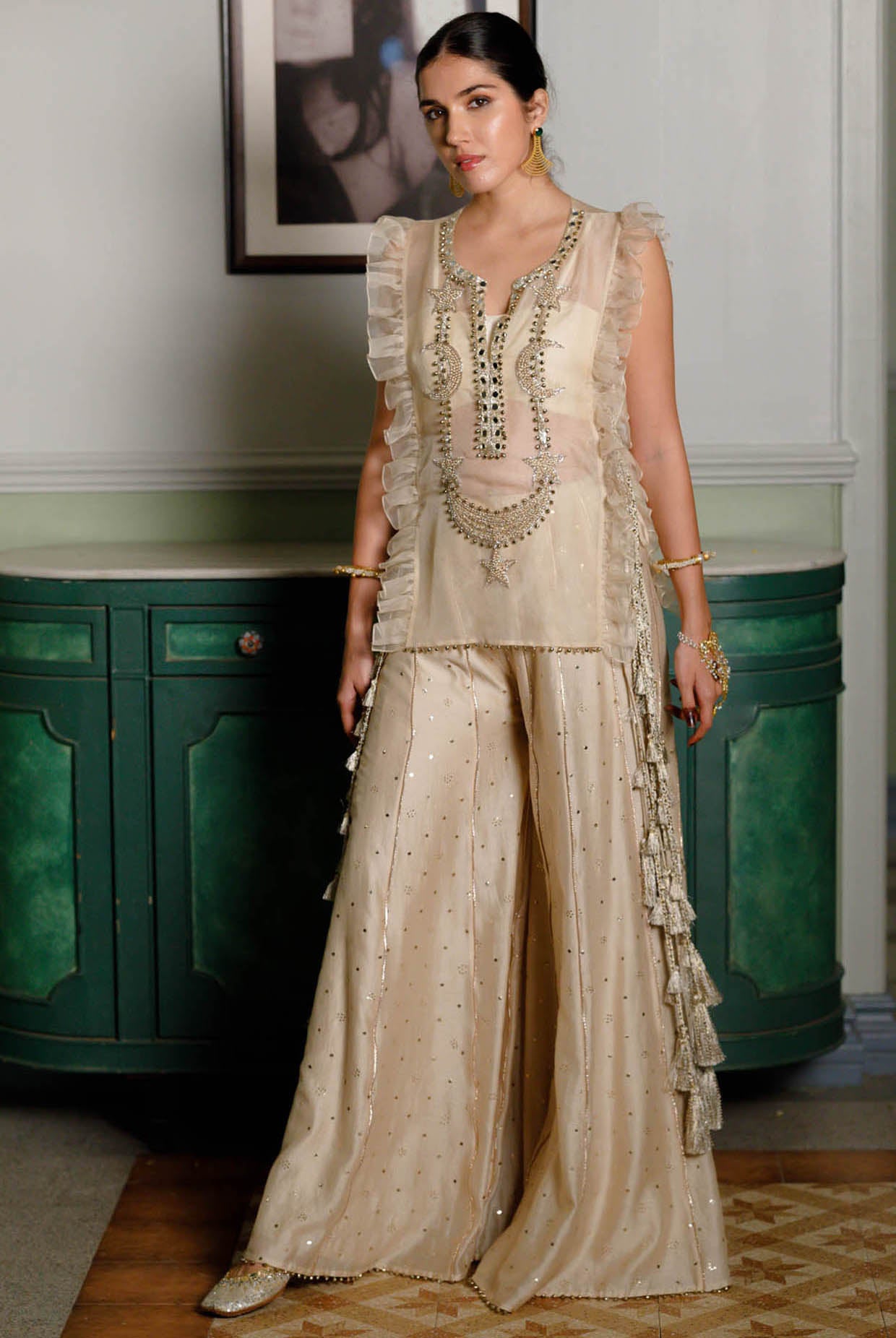 Fawzia Stone Embroidered Long Bib Yoke With Bustier And Sharara