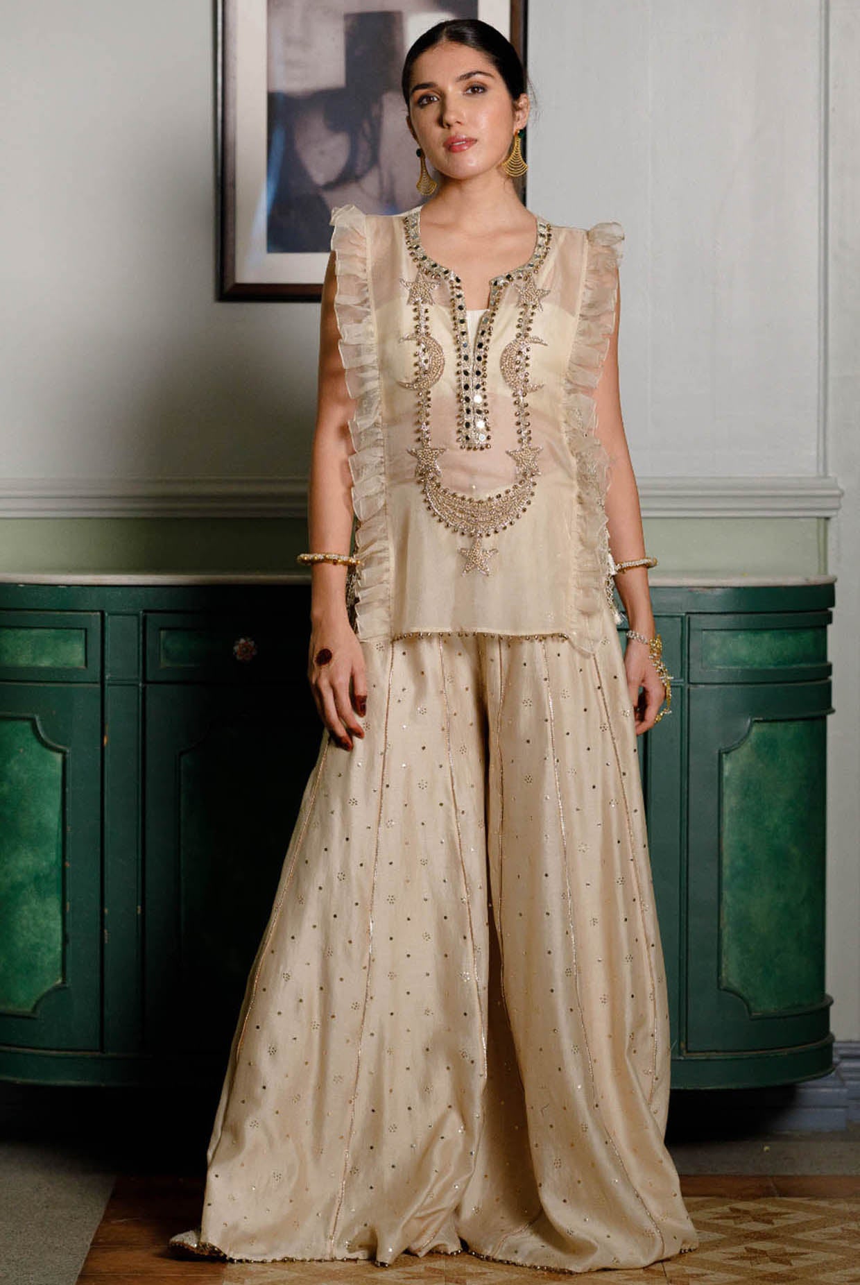 Fawzia Stone Embroidered Long Bib Yoke With Bustier And Sharara