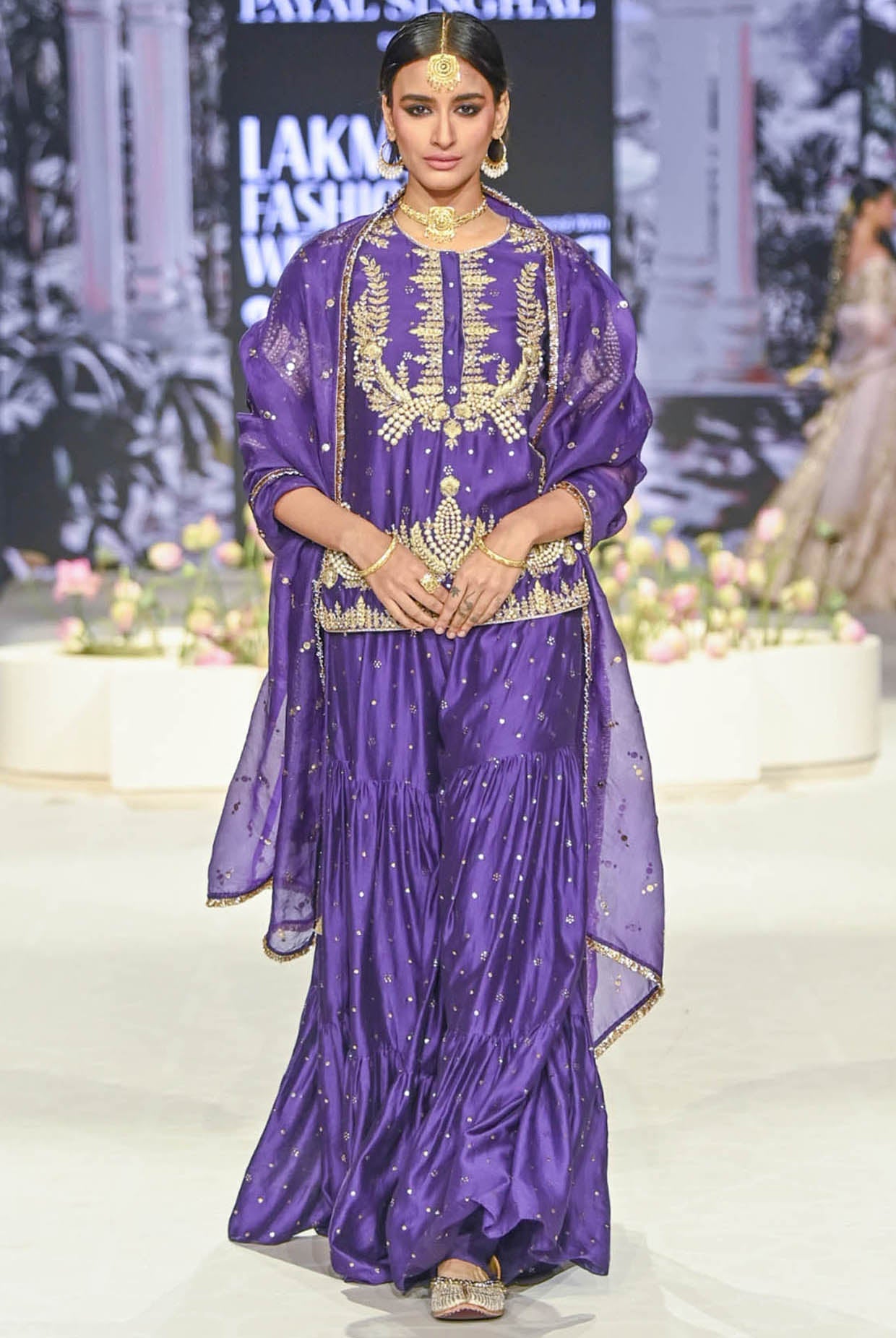 Fatima Purple Embroidered Kurta And Frill Sharara With Dupatta