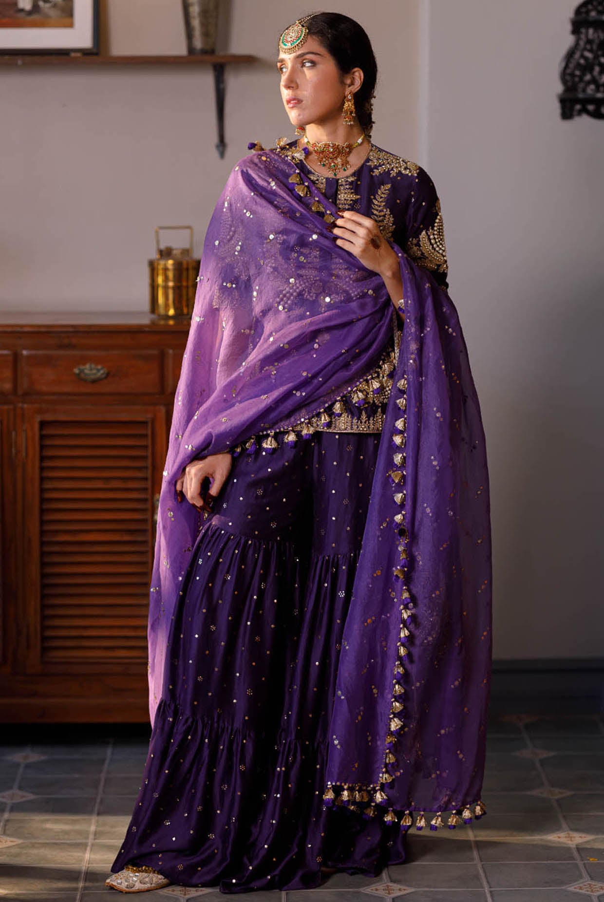 Fatima Purple Embroidered Kurta And Frill Sharara With Dupatta