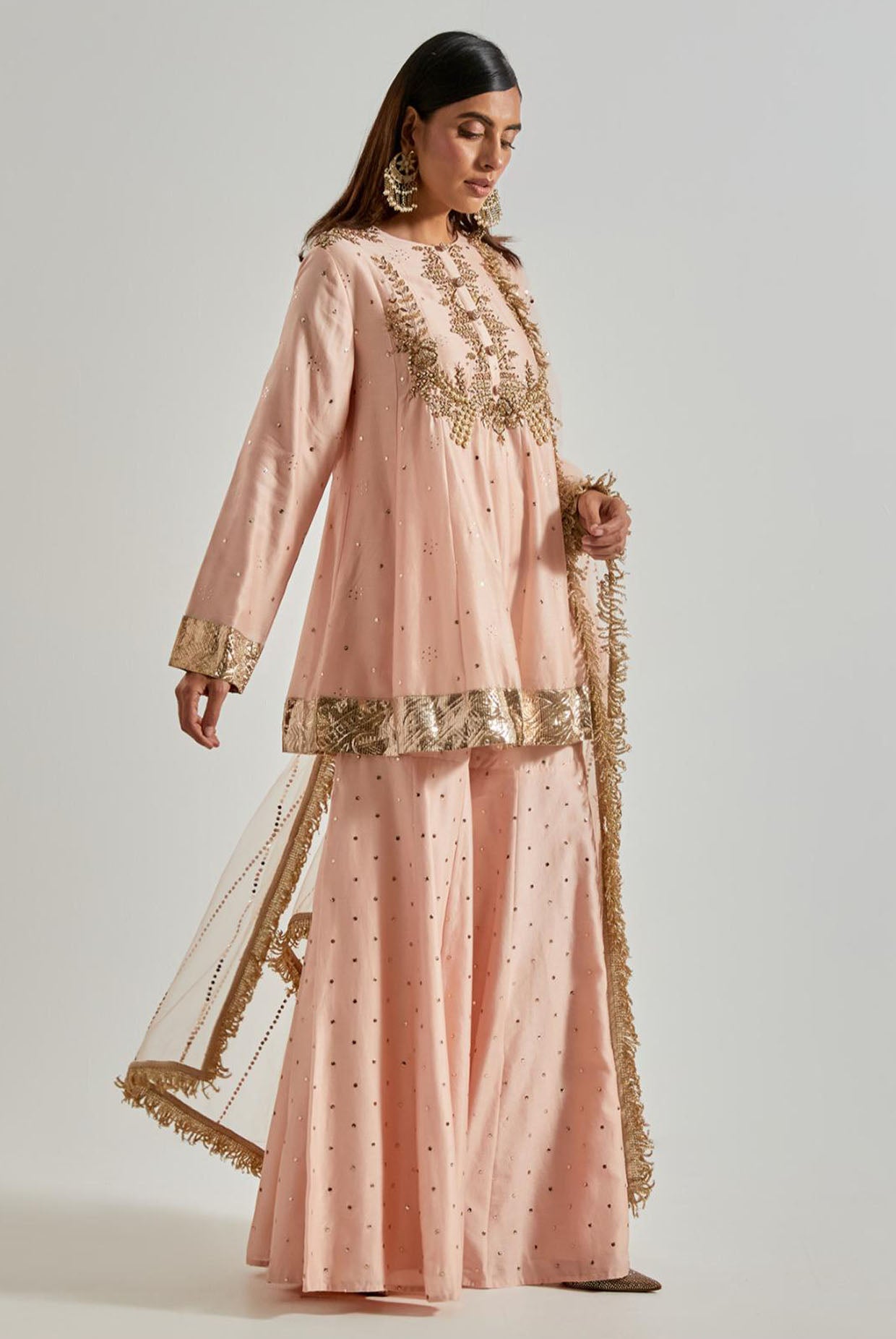 Rose Pink Short Kurta with Sharara & Net Dupatta