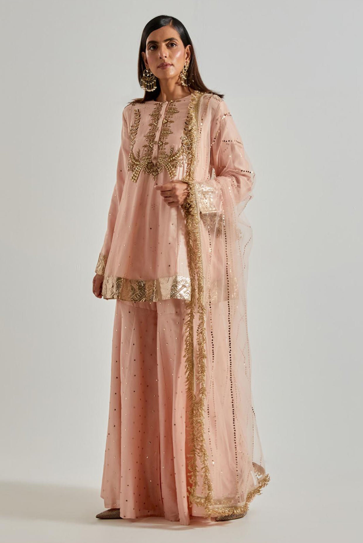 Rose Pink Short Kurta with Sharara & Net Dupatta