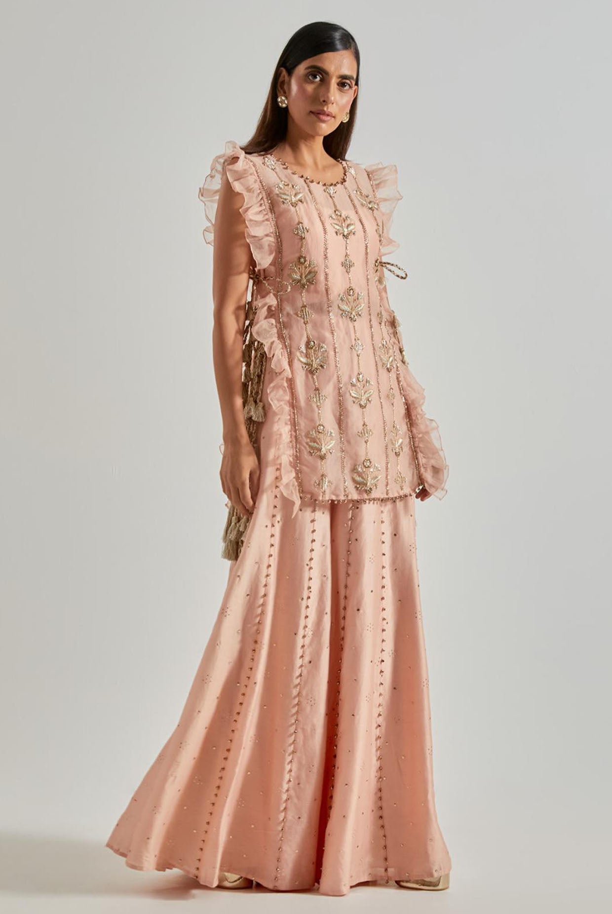 Onion Pink Organza Kurta with Bustier & Sharara (Ghunghroo Detail)
