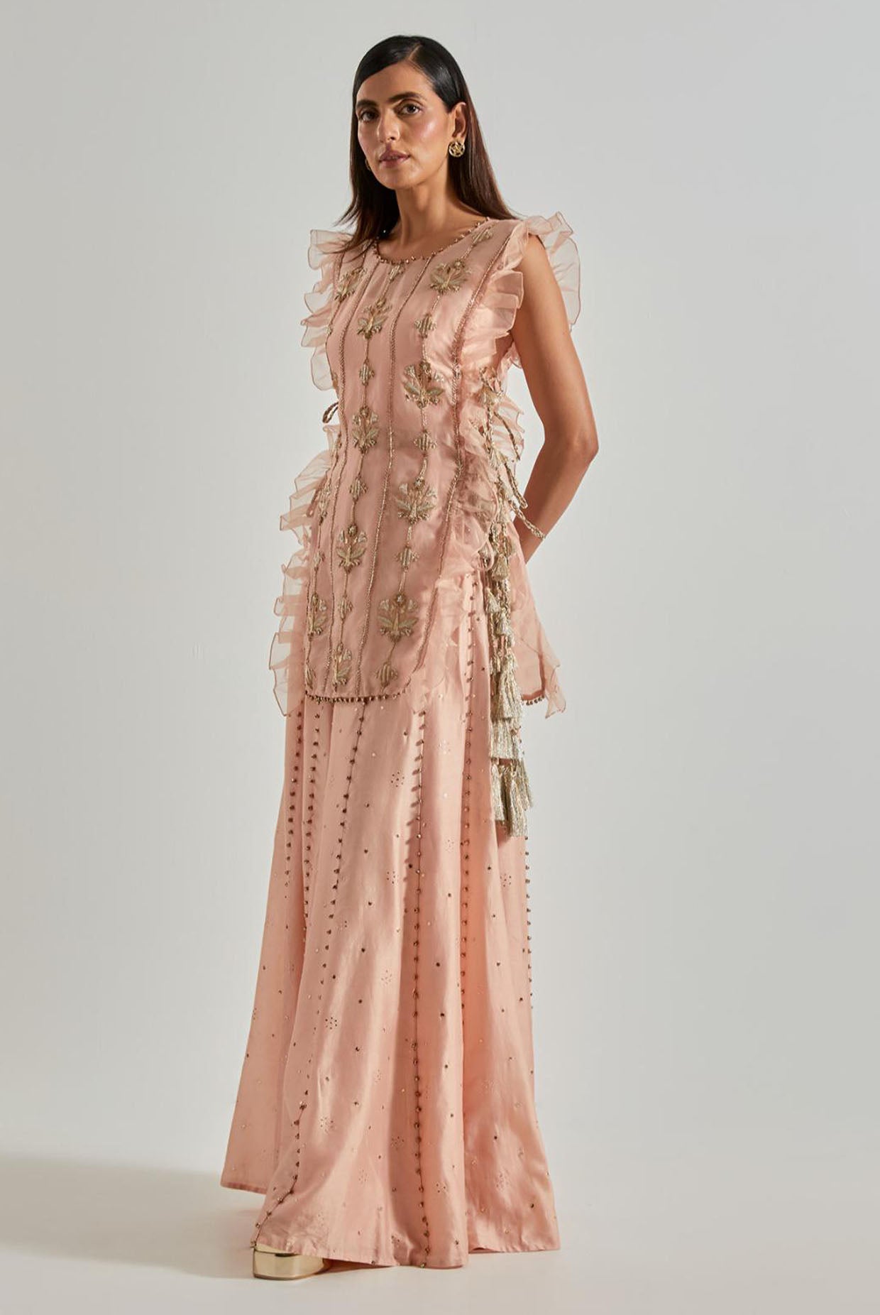Onion Pink Organza Kurta with Bustier & Sharara (Ghunghroo Detail)