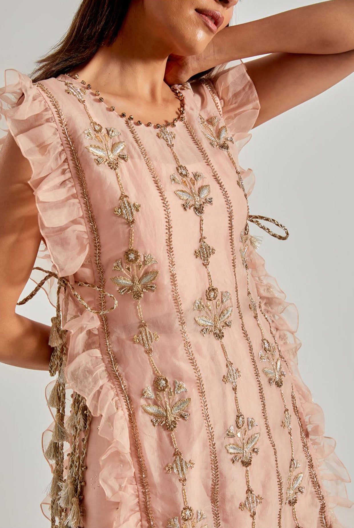 Onion Pink Organza Kurta with Bustier & Sharara (Ghunghroo Detail)