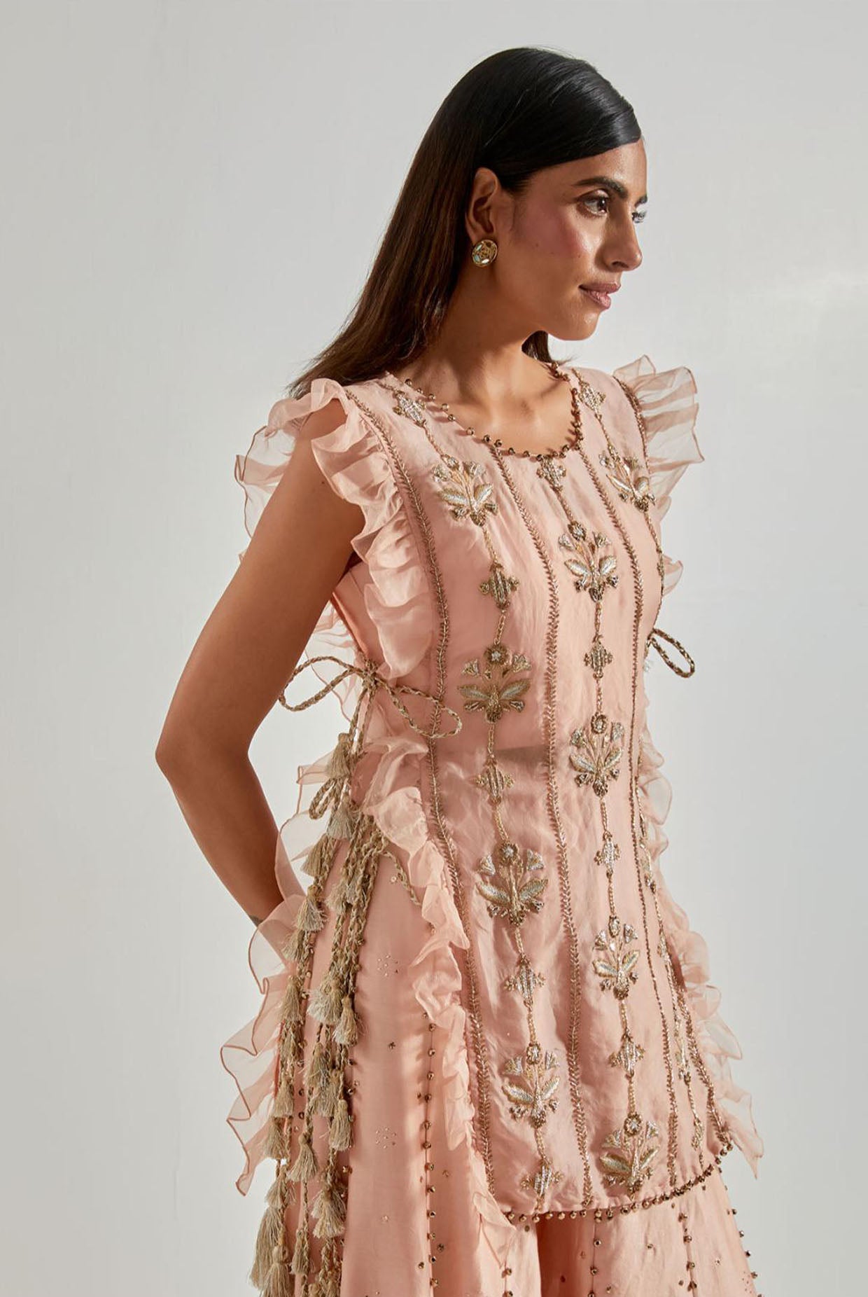 Onion Pink Organza Kurta with Bustier & Sharara (Ghunghroo Detail)