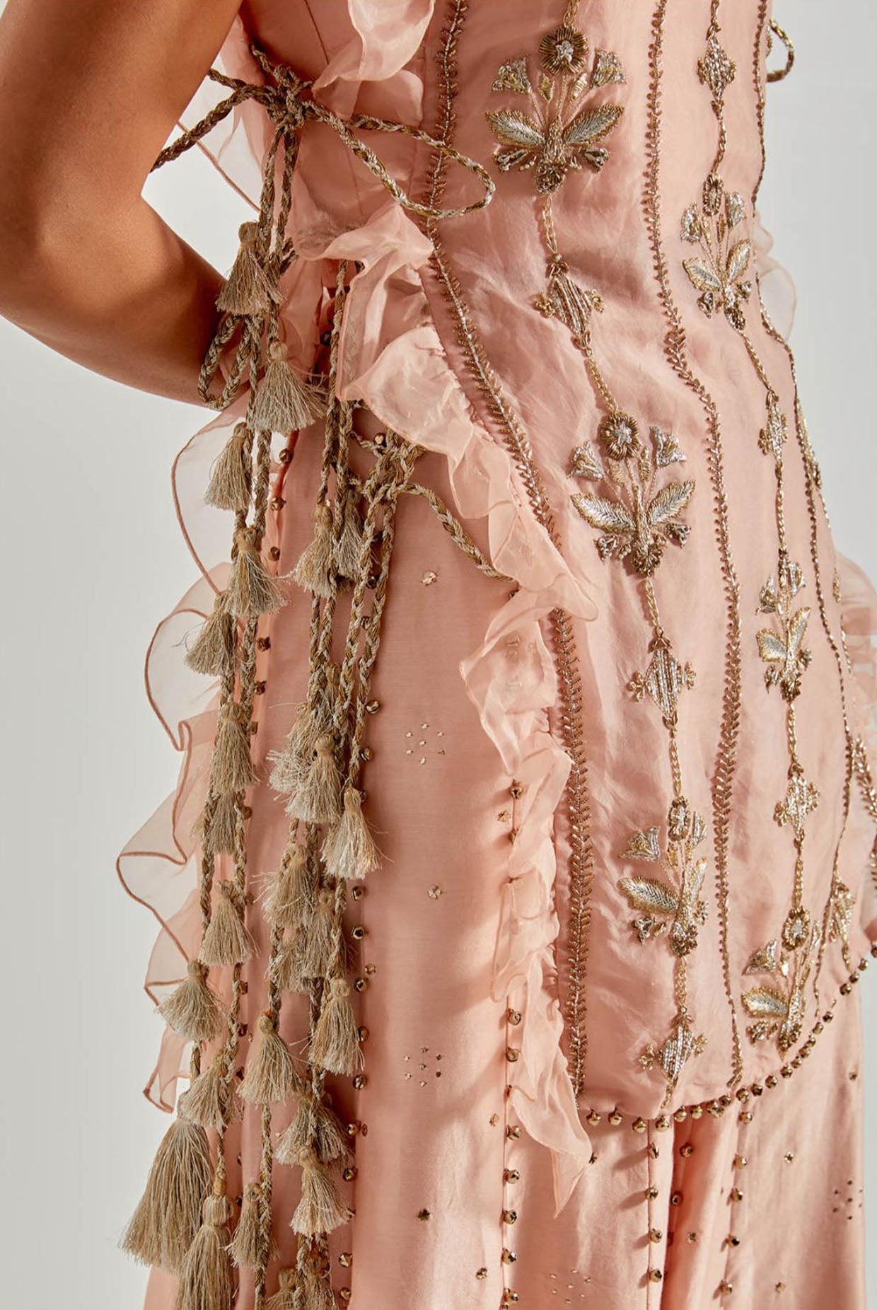 Onion Pink Organza Kurta with Bustier & Sharara (Ghunghroo Detail)