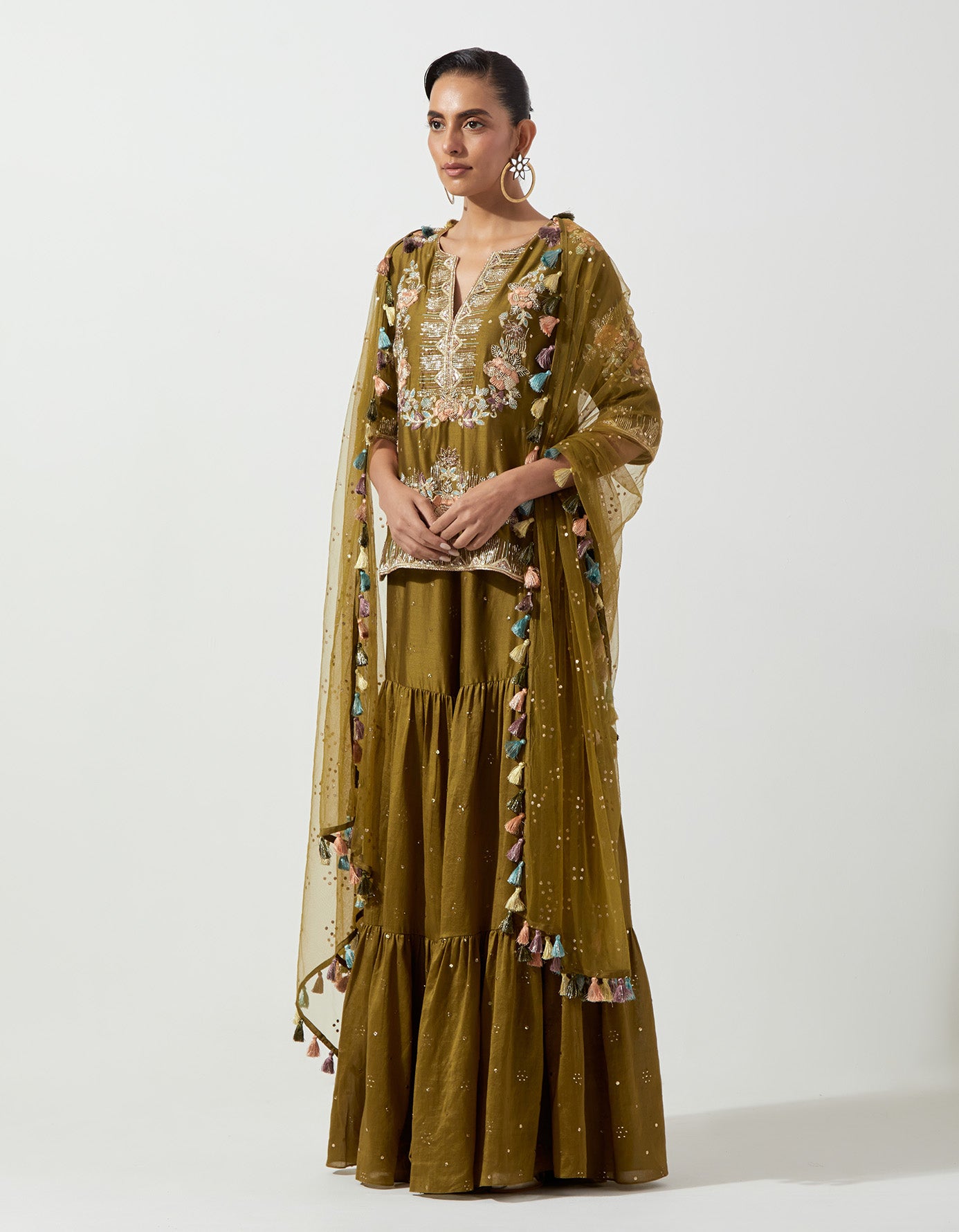 Olive Greenembroidered Short Kurta And Frill Sharara With Mukaish Net Dupatta