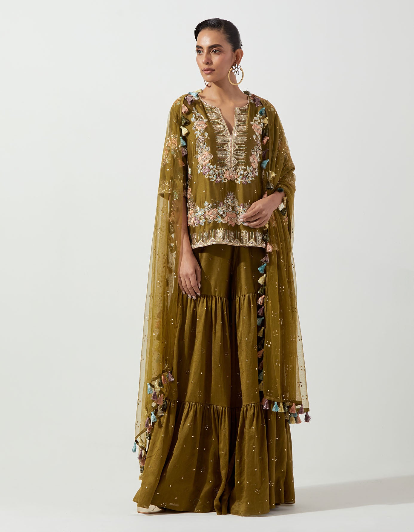 Olive Greenembroidered Short Kurta And Frill Sharara With Mukaish Net Dupatta