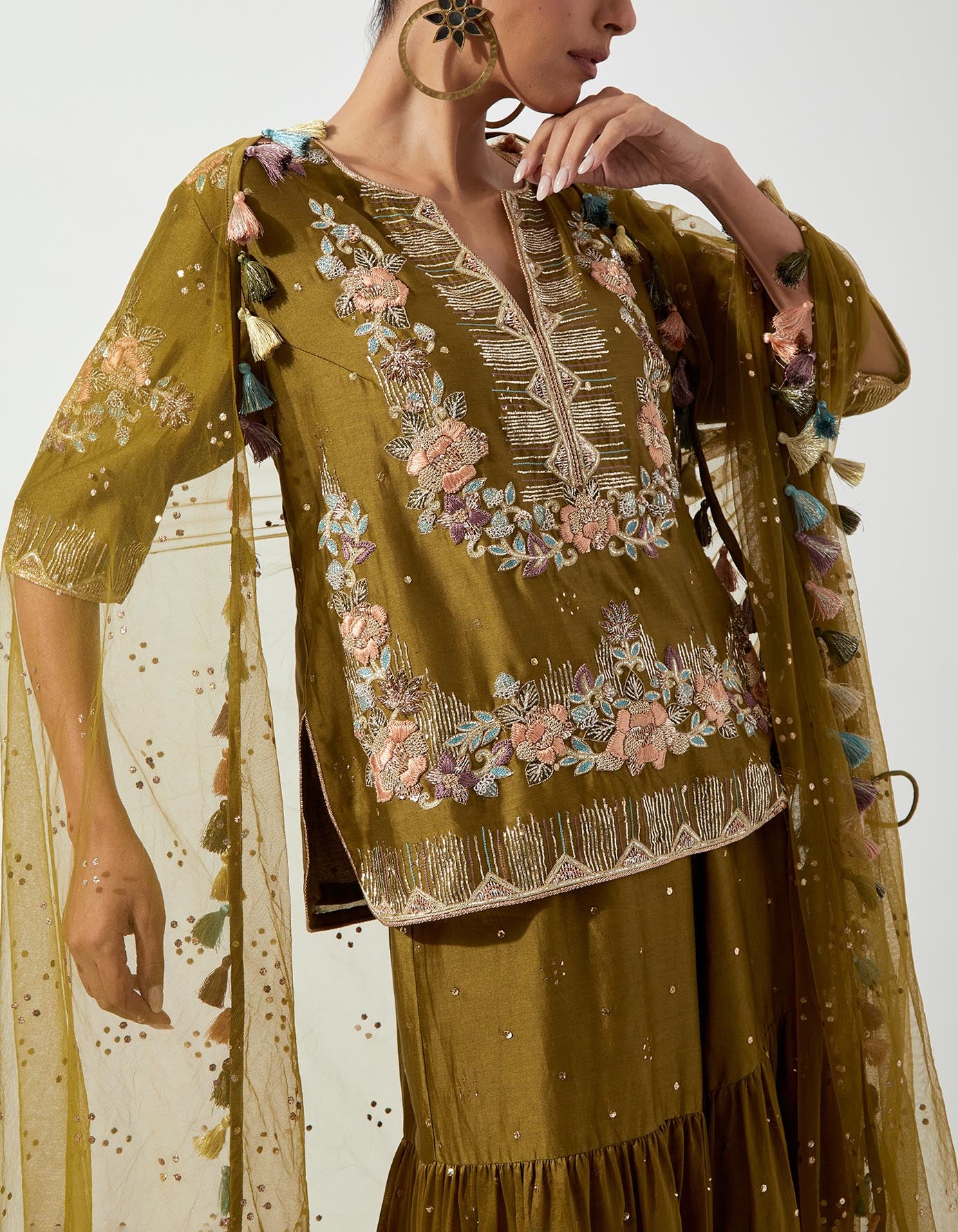 Olive Greenembroidered Short Kurta And Frill Sharara With Mukaish Net Dupatta
