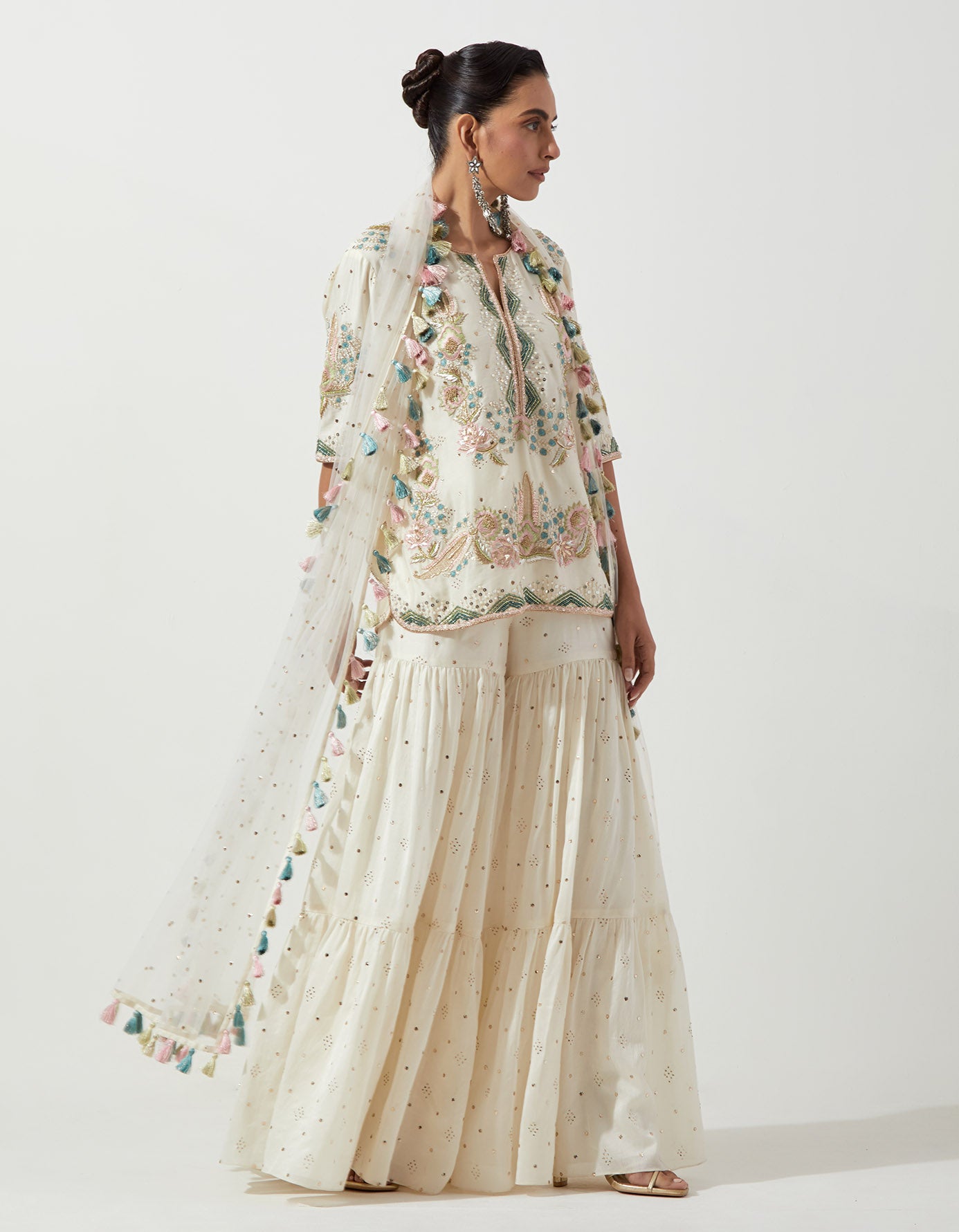 Off-White Embroidered Kurta And Frill Sharara With Net Dupatta