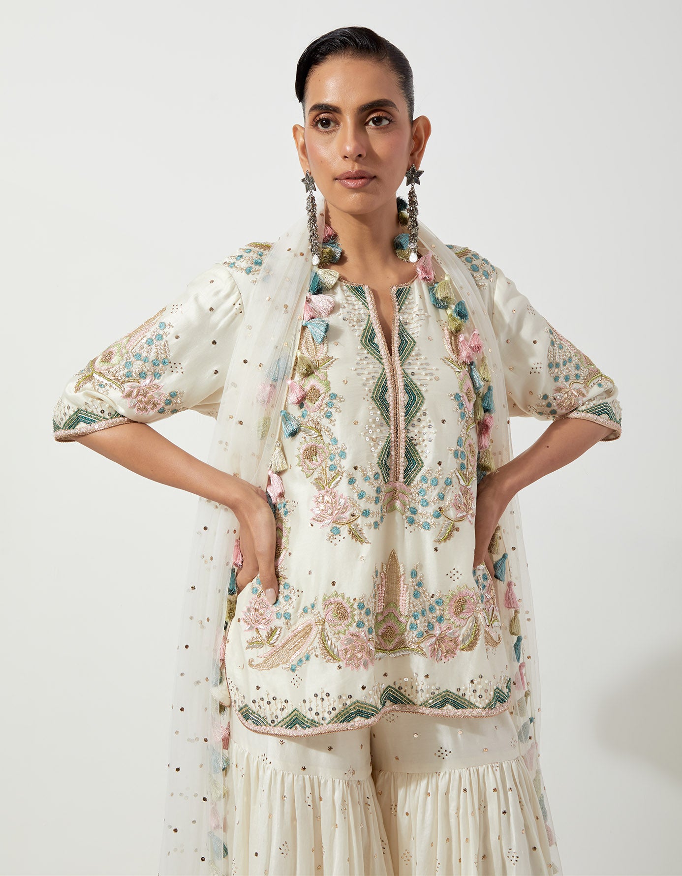 Off-White Embroidered Kurta And Frill Sharara With Net Dupatta