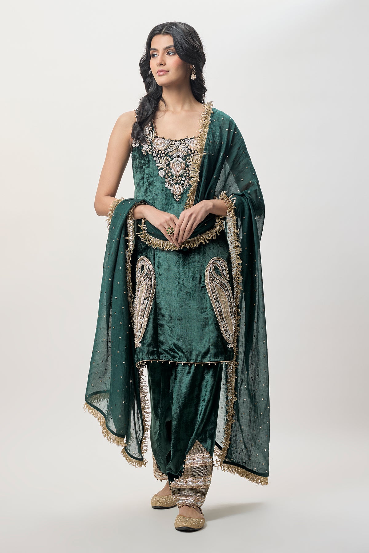 Elara Emerald Green Velvet Embroidered Kurta With Farshi Salwar And Mukaish Silkmul Dupatta