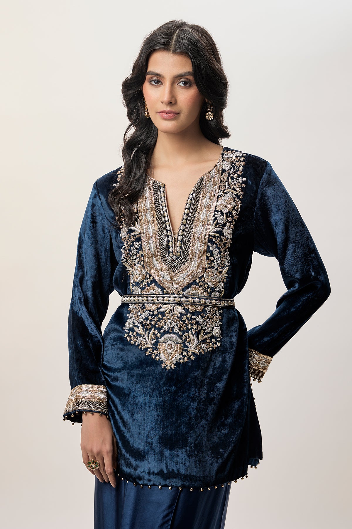 Samira Navy Blue Velvet Embroidered Yoke And With Dhoti Skirt And Belt