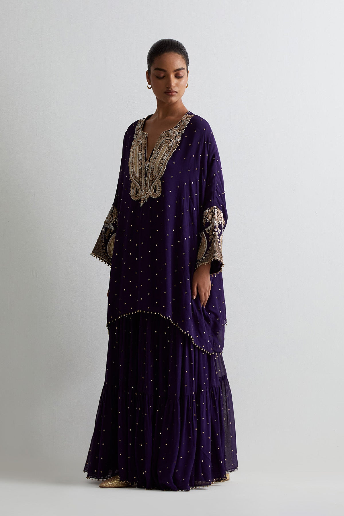 Purple Mukaish Georgette Embroidered Short Kaftan With Frill Sharara