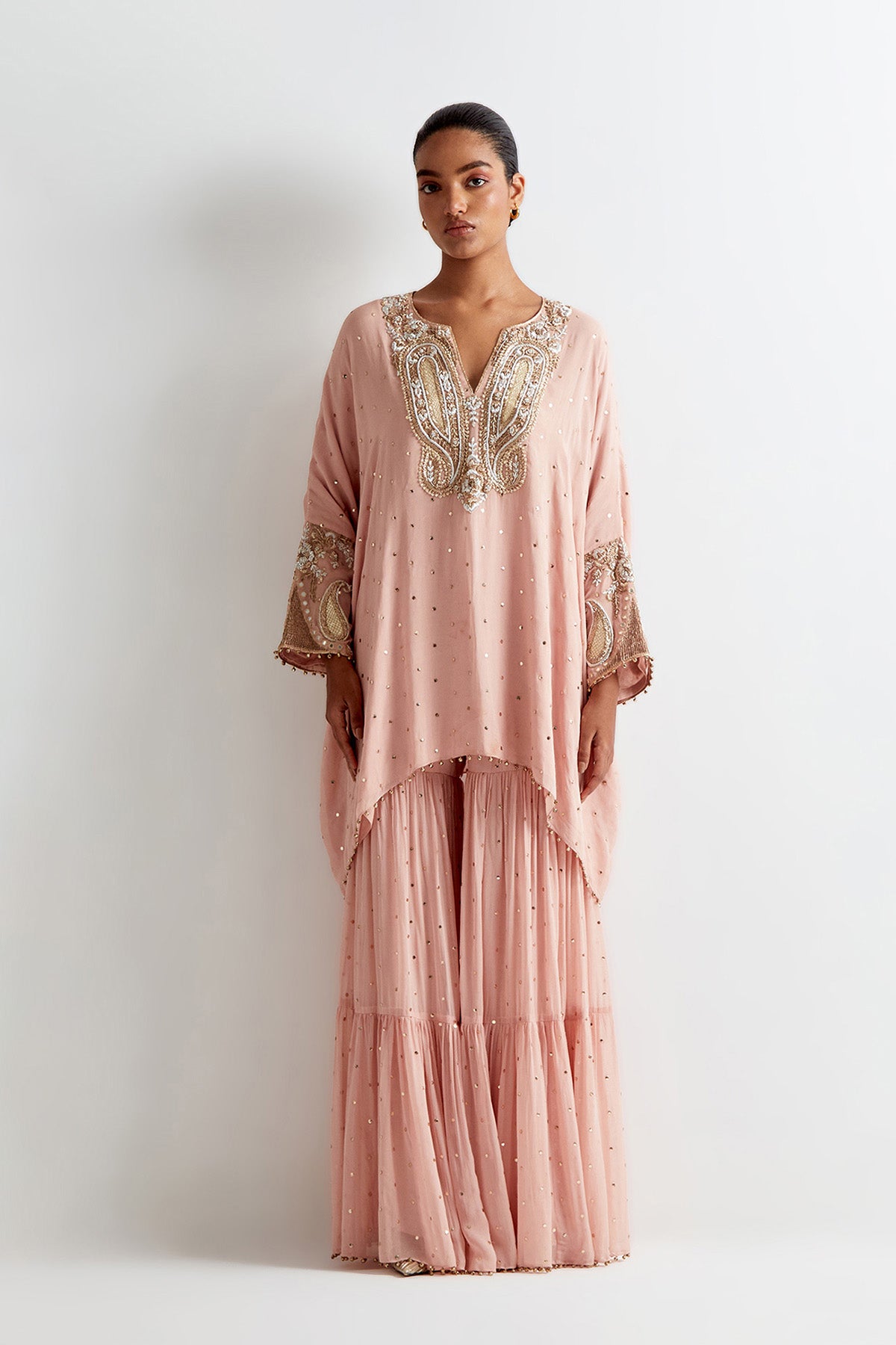 Rose Pink Mukaish Georgette Embroidered Short Kaftan And Frill Sharara