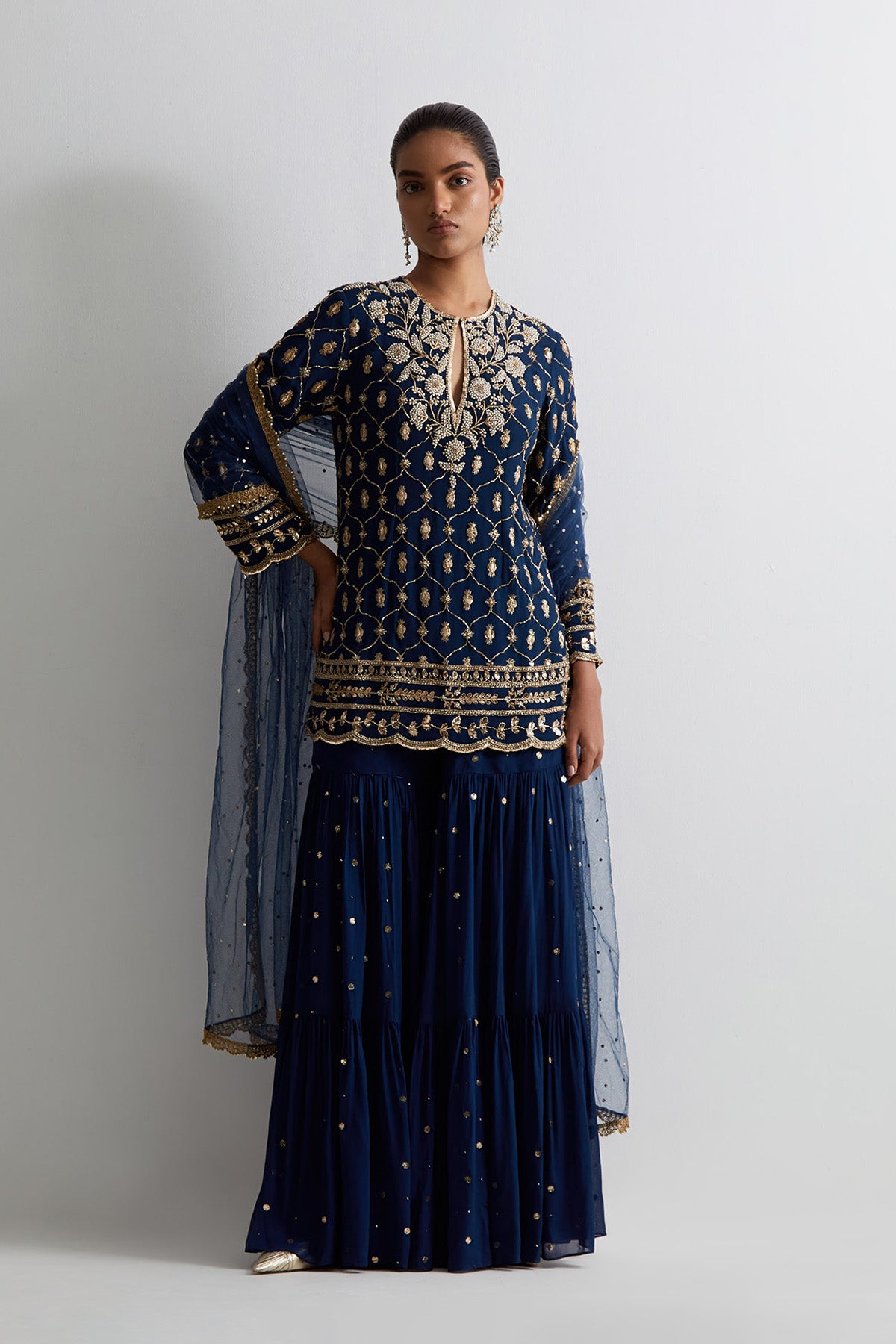 Navy Blue Georgette Embroidered Short Kurta With Frill Sharara And Dupatta