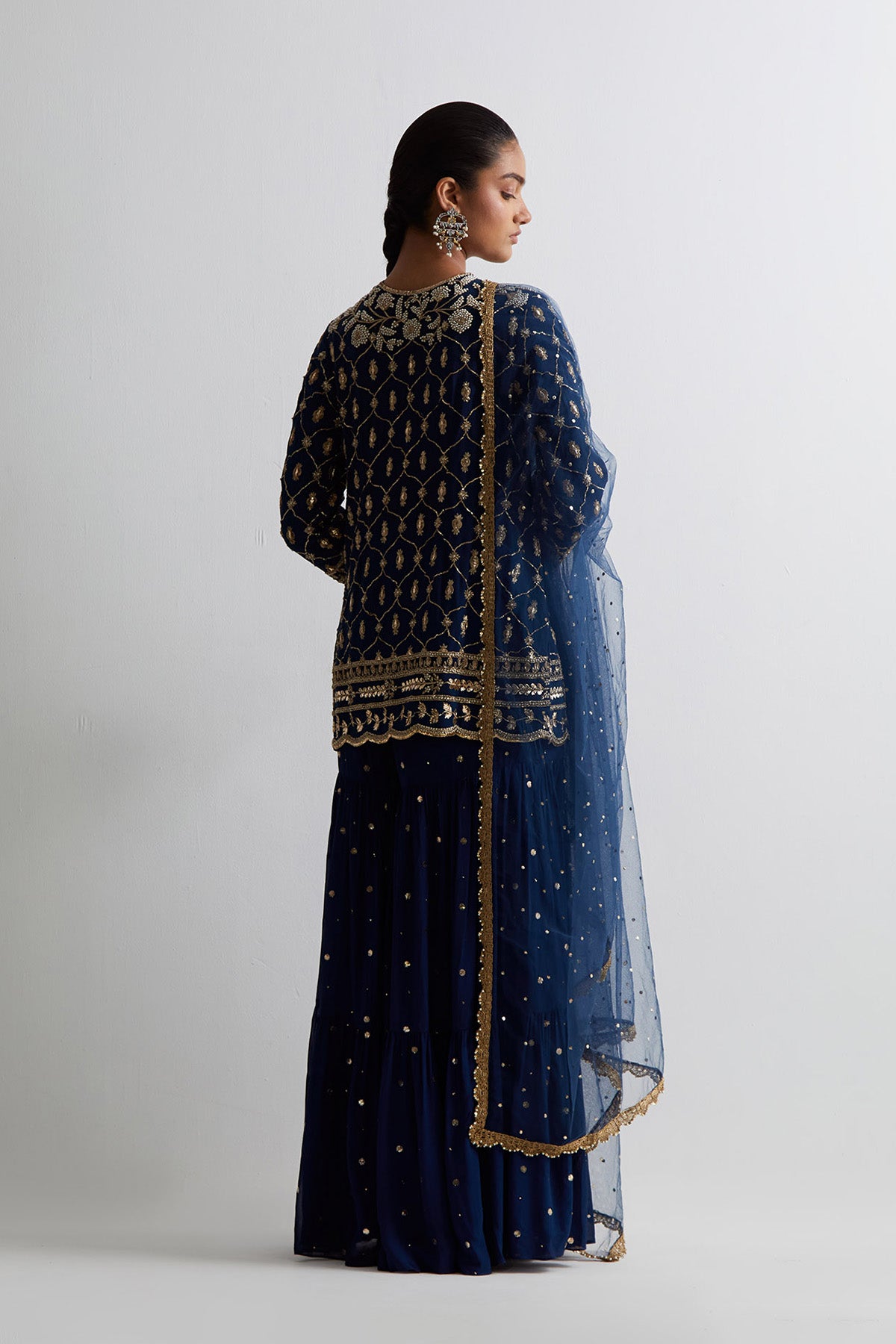 Navy Blue Georgette Embroidered Short Kurta With Frill Sharara And Dupatta