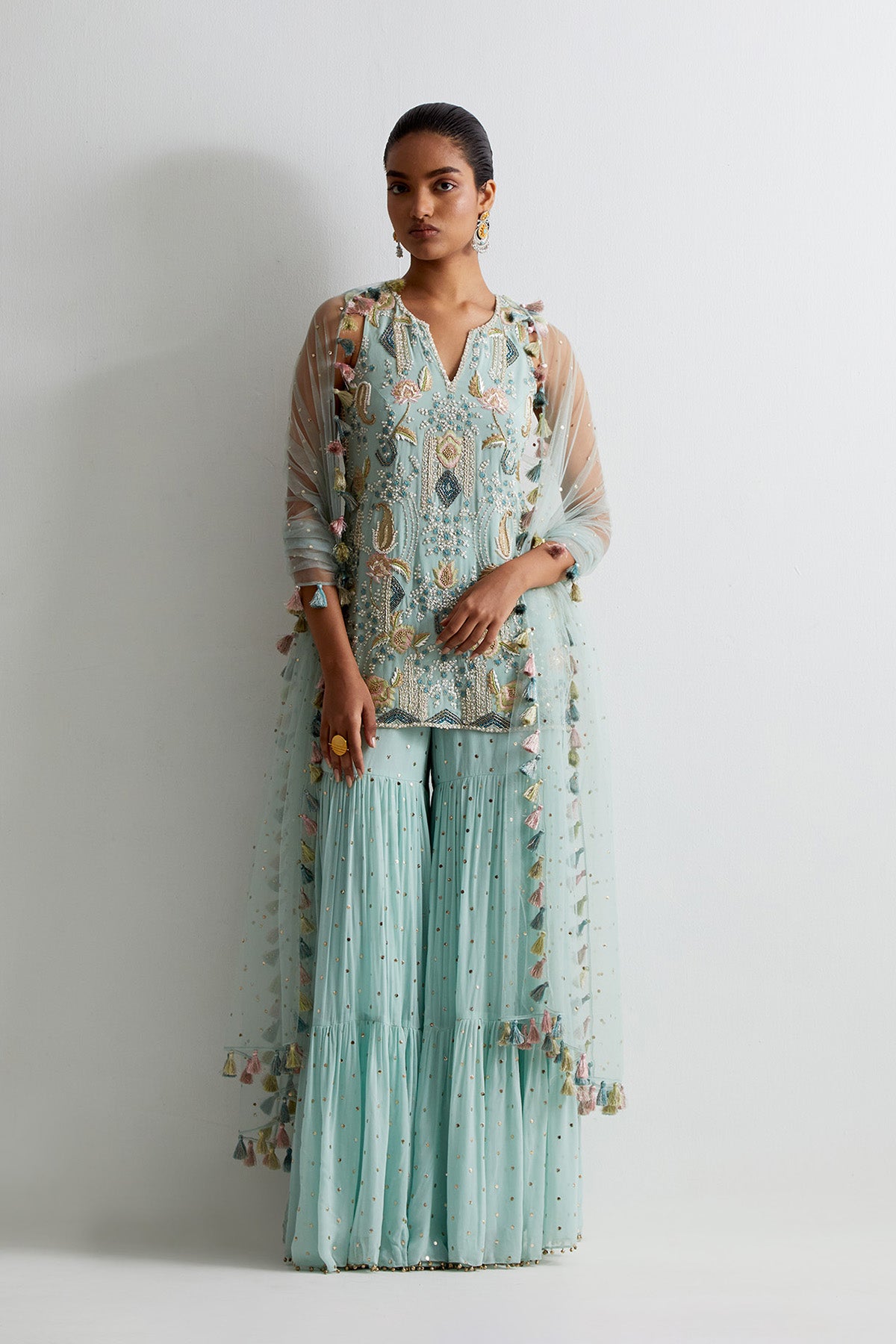 Sea Blue Georgette Embroidered Kurta With Sharara And Dupatta